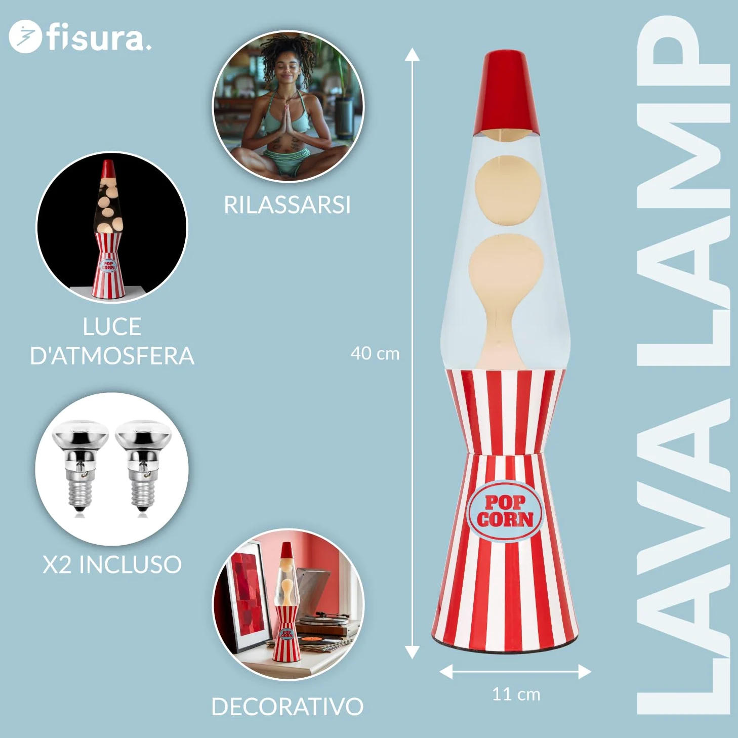 Fisura – Lampe à lave décorative “Pop corn”. Lampe relaxante au design original pour maison ou bureau, base à rayures et lave blanche, ampoule de rechange incluse, 11 x 11 x 40 cm