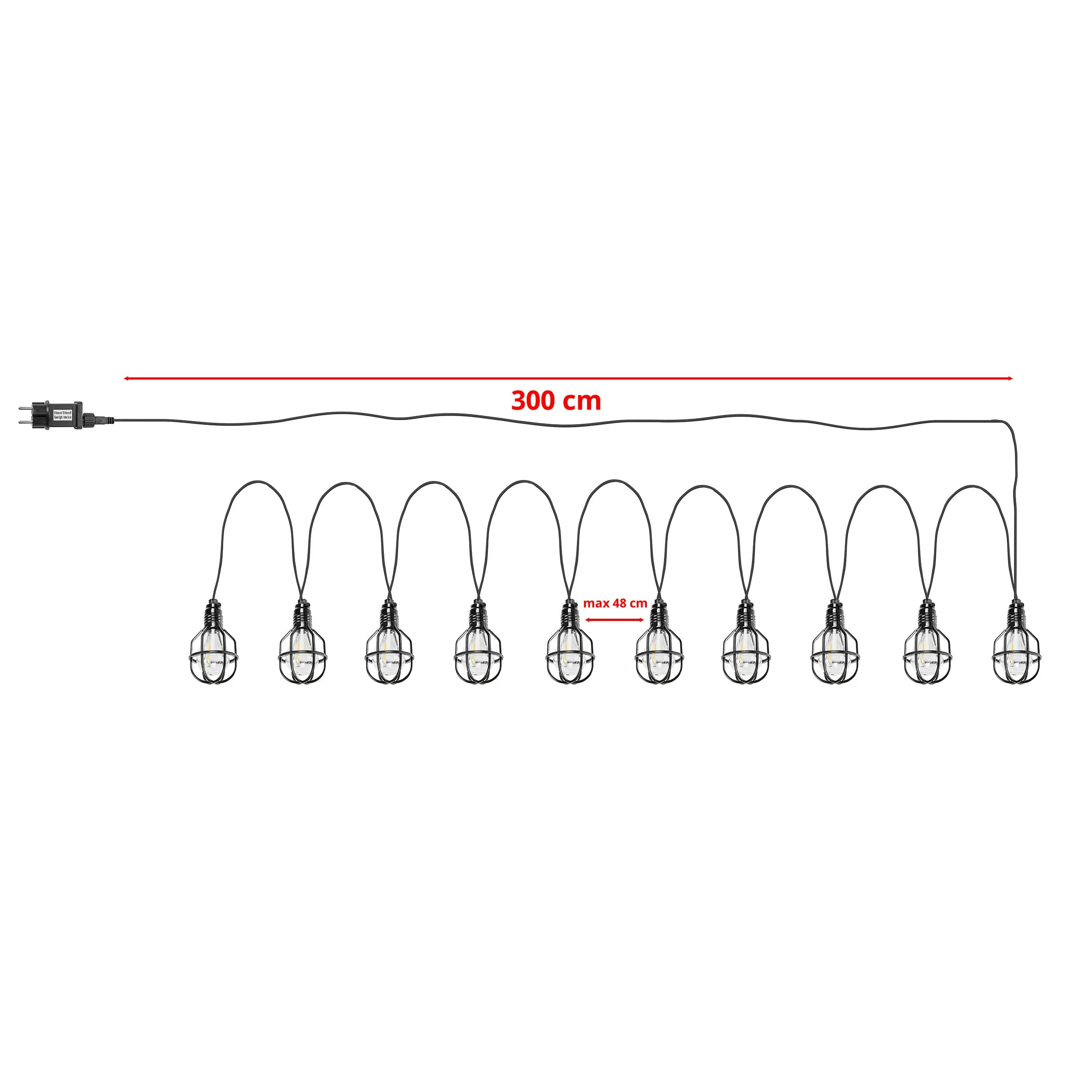 AMARE Catena luminosa industriale per interni ed esterni, 10 lampadari con alloggiamento della lampada nera, cavo da 3 m, IP44 e timer