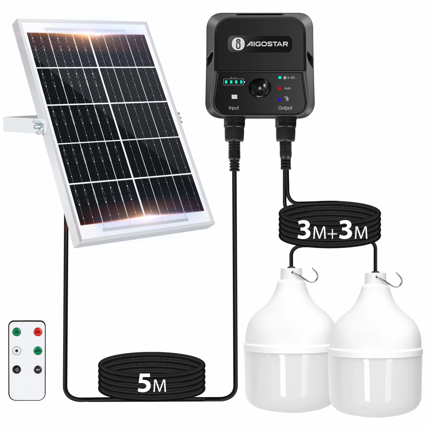 Aigostar- Lampadina Solare da Esterno, 70W, 6500K, Con Sensore di Movimento, Telecomando, Scatola di Accumulo di Energia, Cavo da 11M, Lampada Solare, IP65 Impermeabile, per Interno, Garage, Giardino