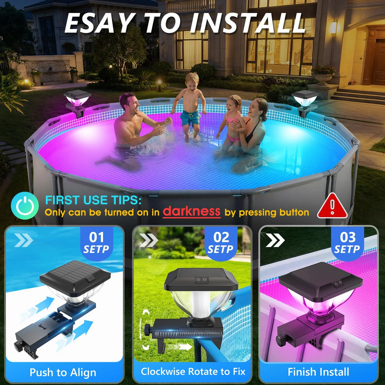 DeeprBling Luci Solari Piscina con Struttura in Telaio, Luci Piscina RGB con Effetti Luminosi Dinamici, Luci LED per Piscina Impermeabile IP68, Luce Piscina Fuori Terra con Alta Luminosità - 1 Pezzo