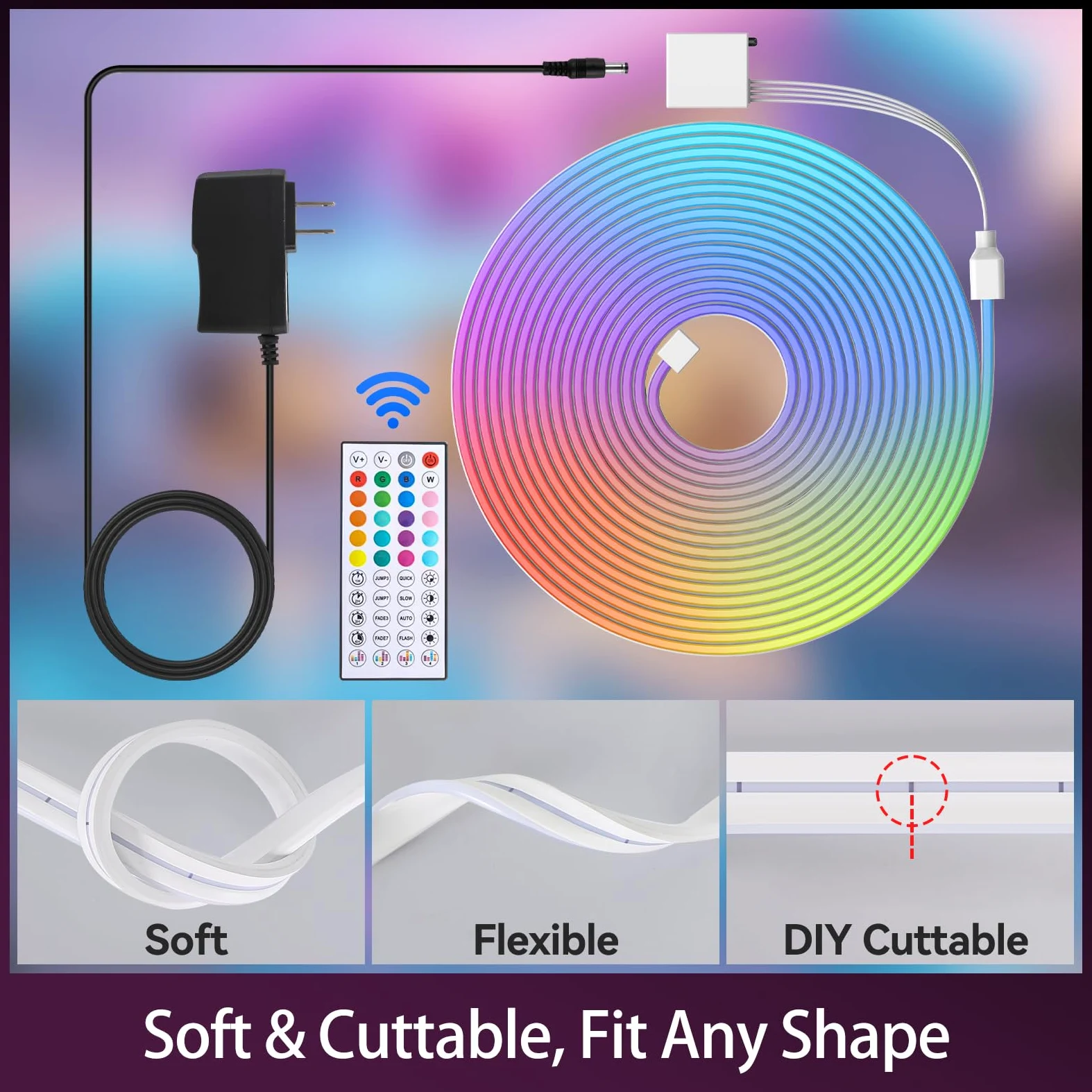 Striscia LED neon RGB da 20 m, 24 V IP65 con telecomando/APP, sincronizzazione musicale, modalità multiple, nastro LED flessibile per decorazioni esterne della camera da letto(10 m x 2)