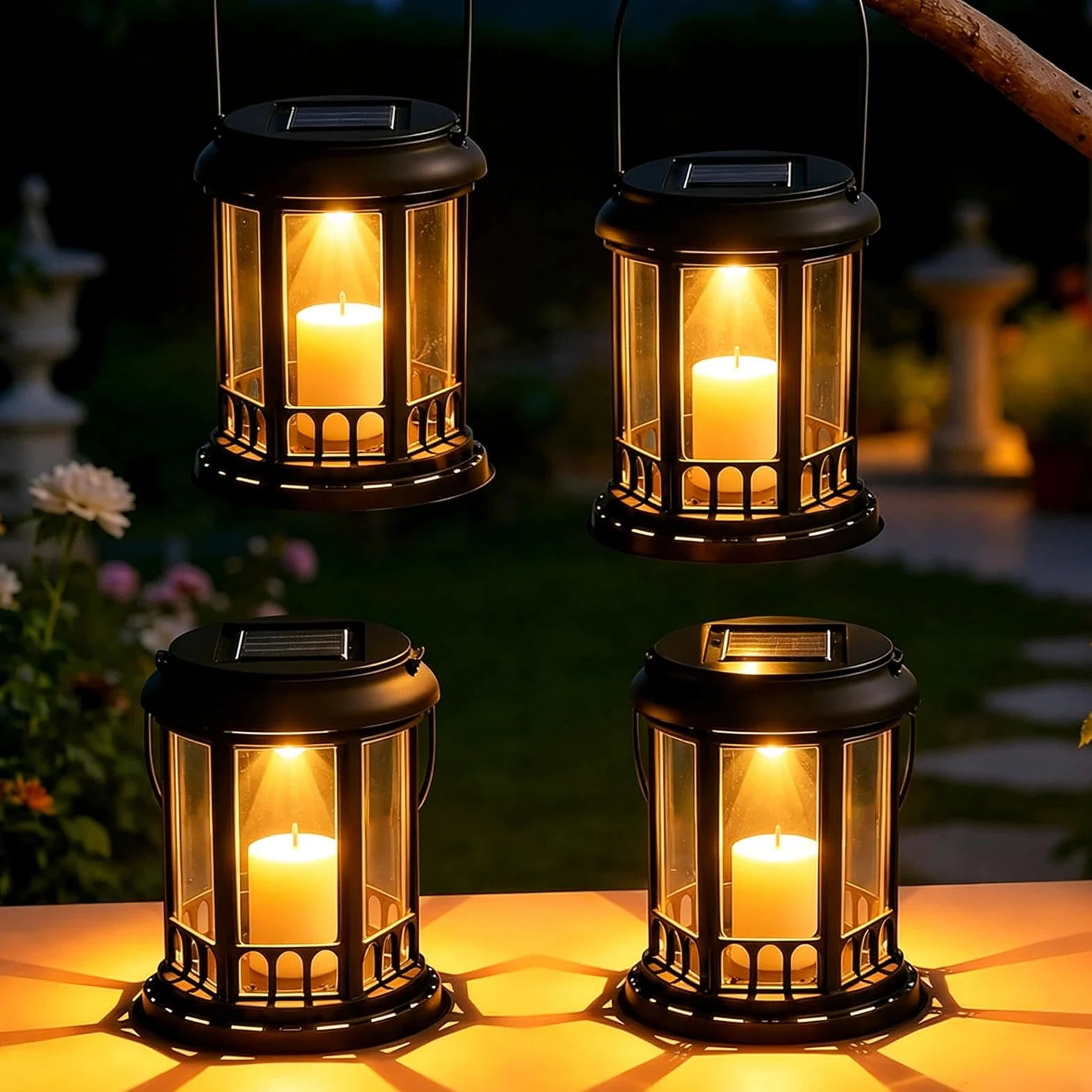 Yowin Lanterne da Esterno 4 Pezzi Grande Lanterna Solare da Giardino con Candele, Lampada Solari da Appendere Impermeabile Lampade da Tavolo per Arredo Terrazzo Balconi Decorazioni - Nero
