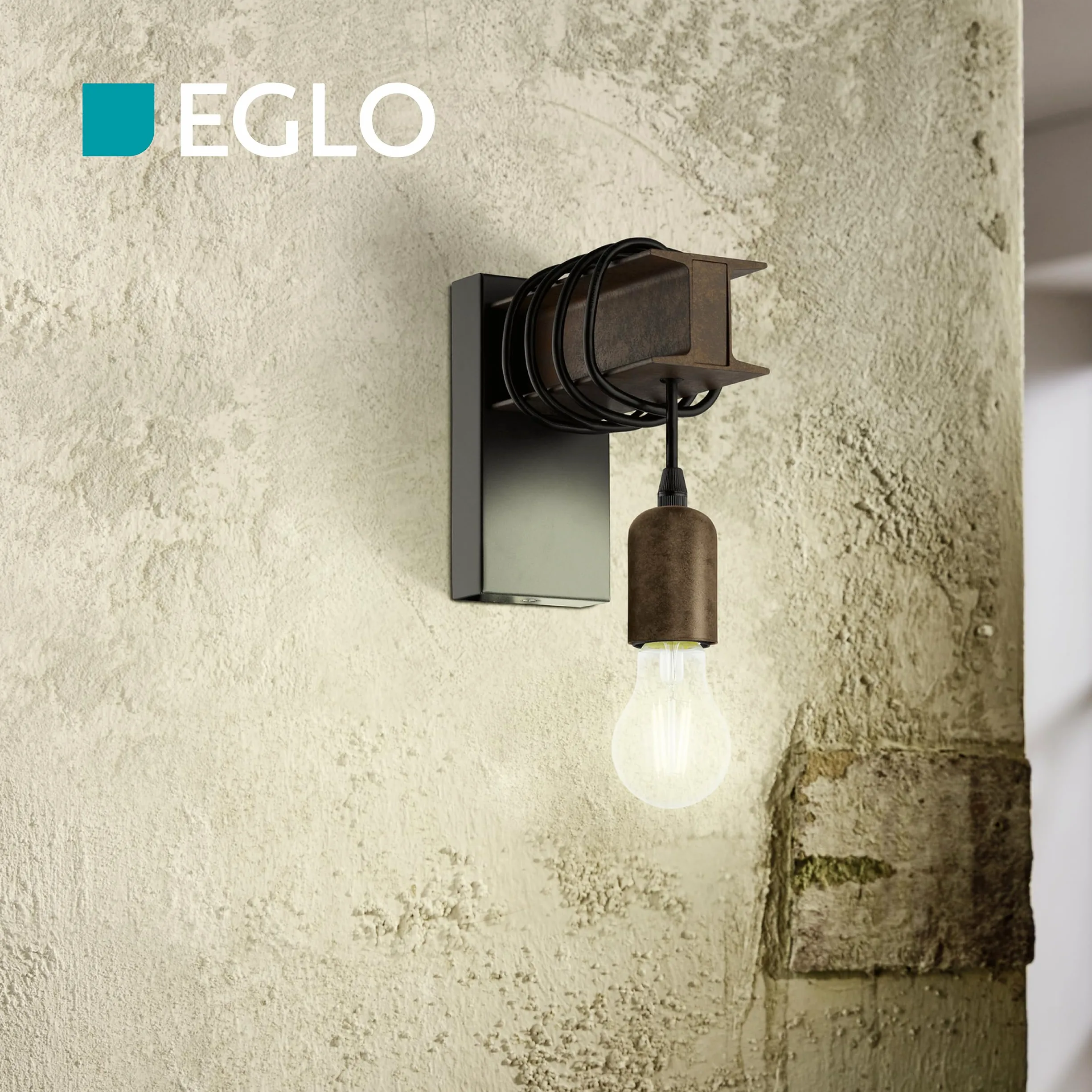 Eglo Lampada da parete Townshend 4, plafoniera vintage a uno punto luce, lampada da parete dal design industriale, lampada retrò in acciaio, nero, marrone, E27