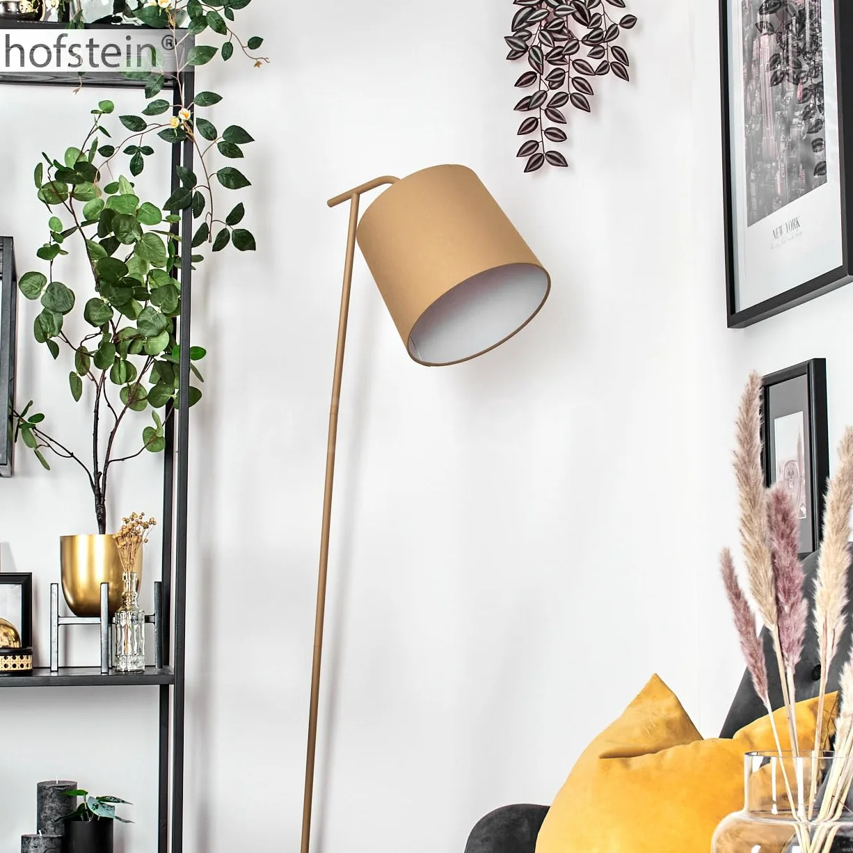 Lampada da terra Palmeiros, lampada da terra in metallo/tessuto beige/bianco, lampada in stile boho con paralume rotondo (Ø 25 cm) e interruttore a pedale, altezza 160 cm, 1 x E27, senza lampadina