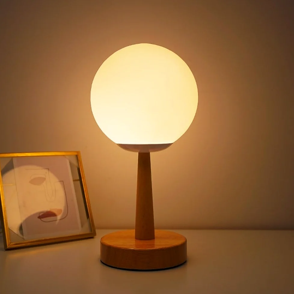 Lampada da comodino Piccola lampada da tavolo in legno decora la scrivania, il comodino, camera letto, lo studio, luce notturna in vetro Lampade per la camera da letto