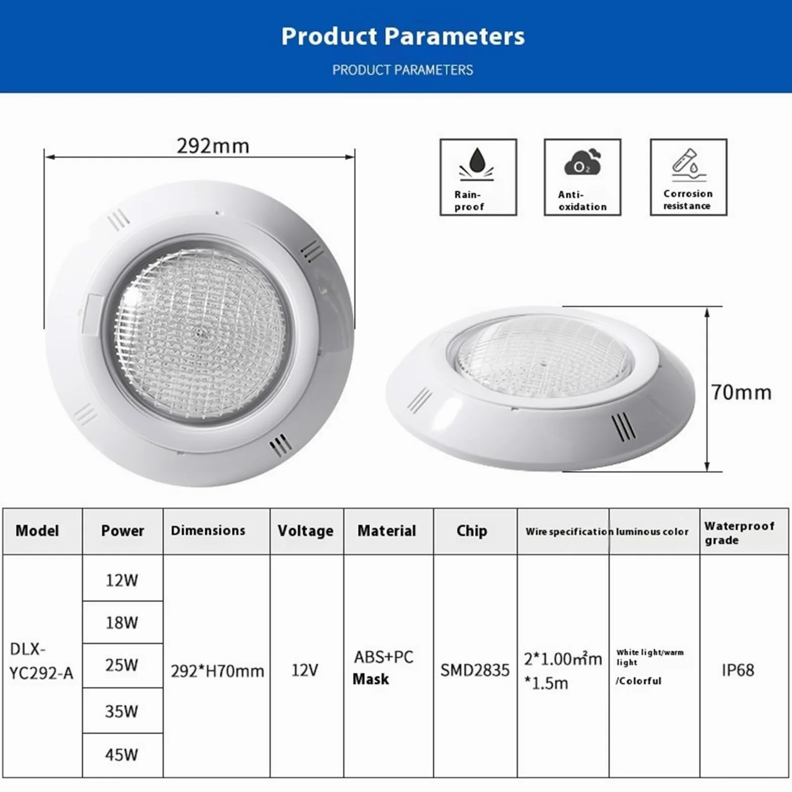 EDEDE Luci Piscina, Luce Subacquea telecomandata Luce for Piscina for Esterni Paesaggio Ip68 Luce for Piscina a LED Colorata a Bassa Tensione 12v Impermeabile(White,45W)
