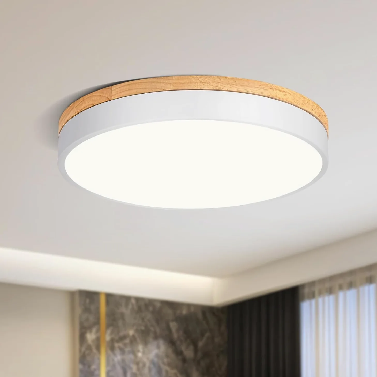 Qamra Plafoniera LED, Plafoniera Bianca 40cm, 36W | Lampada con Legno per camera da letto, soggiorno, cucina, corridoio, sala da pranzo, 4000K