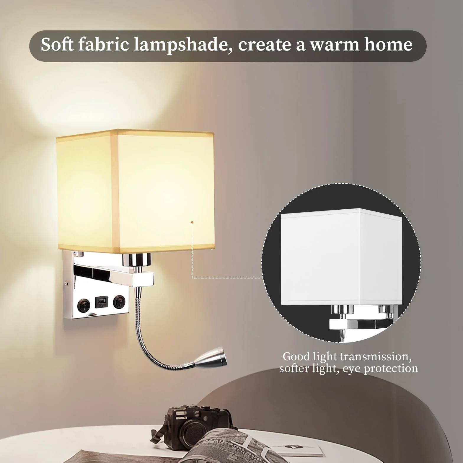 ALLOMN Applique da Comodino, Applique da Lettura a LED Applique Moderna Cromata Lucida con Faretto Orientabile a Collo di Cigno, Doppi Interruttori, Con porta USB da Caricare E27 (Con USB, 1 PCS)