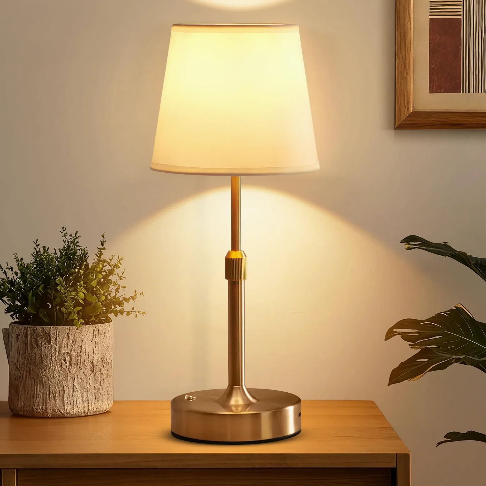 Lampada da comodino ricaricabile, lampada da tavolo dimmerabile a batteria, 6000 mAh, lampade da comodino wireless con paralume in tessuto, luci dorate portatili con controllo touch per camera