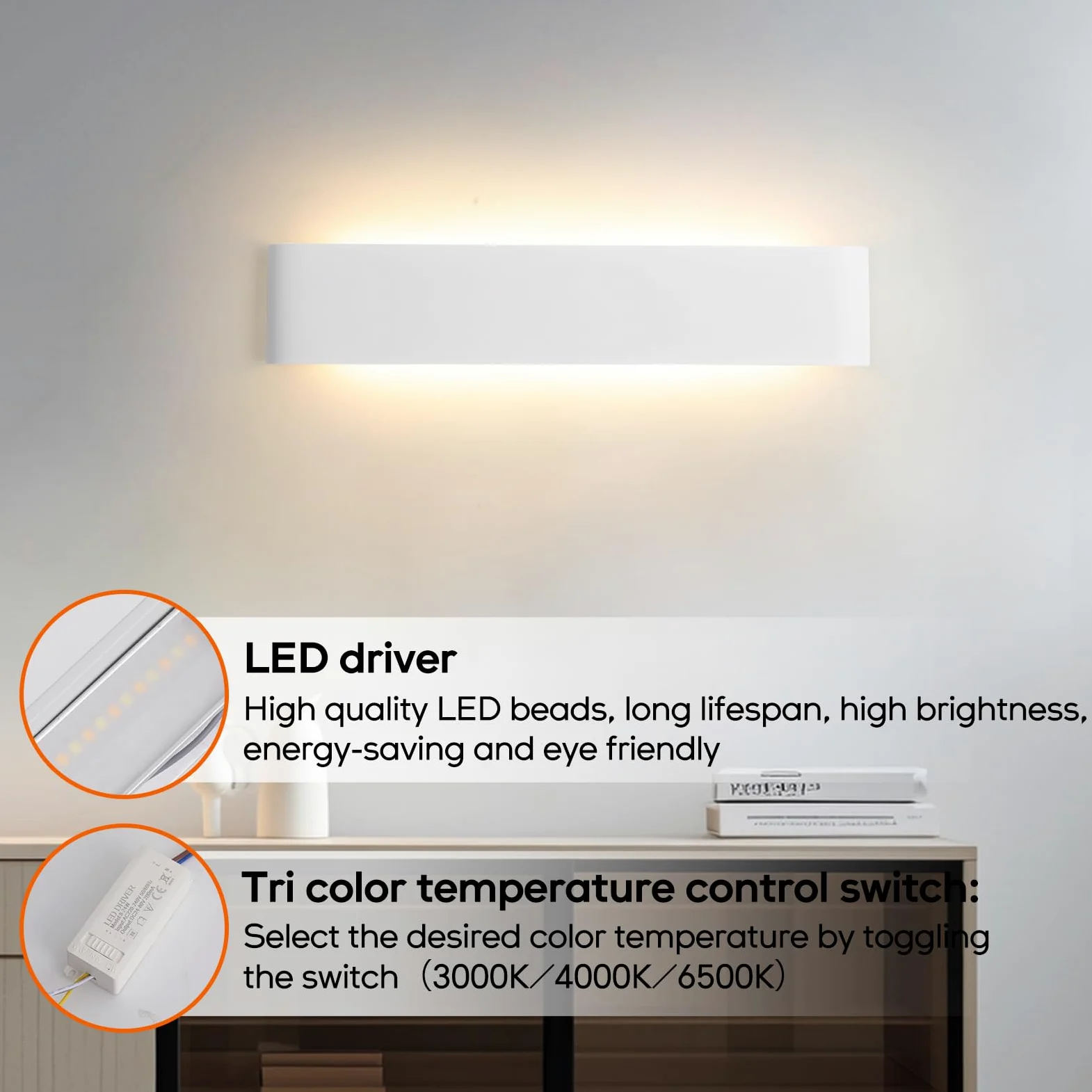 YCZM Applique da Parete Interno 24W,Lampada LED Parete Interni 3000K/4000K/6500K Temperature a tre colori opzionale,Applique LED da Parete Interno 38CM 2880LM,Lampada a Muro 4 Pezzi Bianco