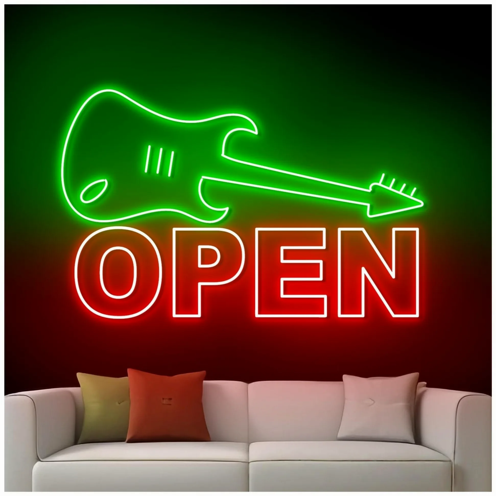 Insegna al Neon Insegna Al Neon Aperta Con Chitarra, Luce A LED, Strumento Musicale, Sala Musica, Negozio, Decorazione, Vetrina,ingresso Aziendale 60cm