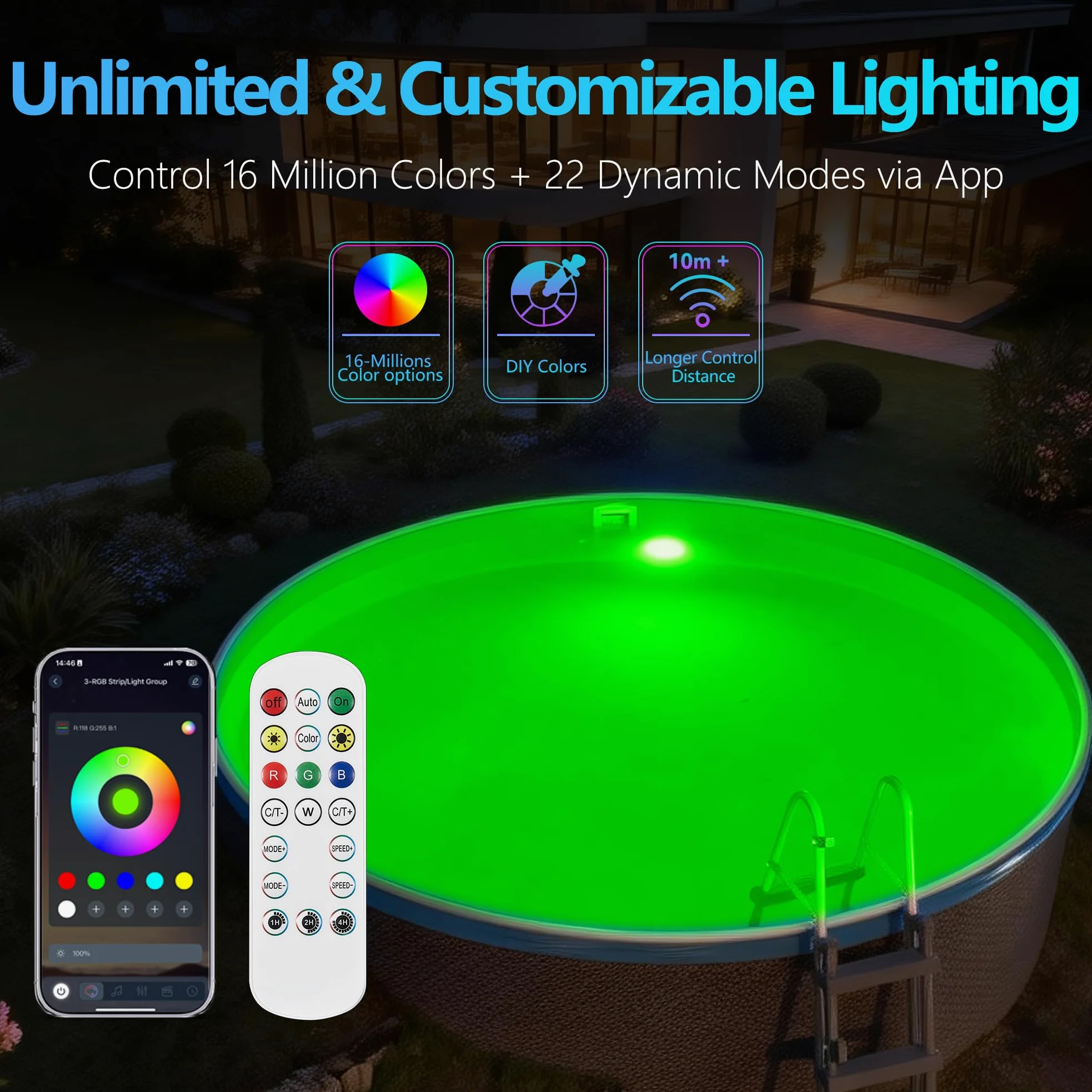 25W Luci Piscina LED con Filettatura 2", 12V RGB Lampade per Piscinas Fuori Terra Acciaio, Controllo APP, Dimmerabile e Timer,IP68 Impermeabile Riempito Resina Faretto Piscinas con Cavo 9,5m
