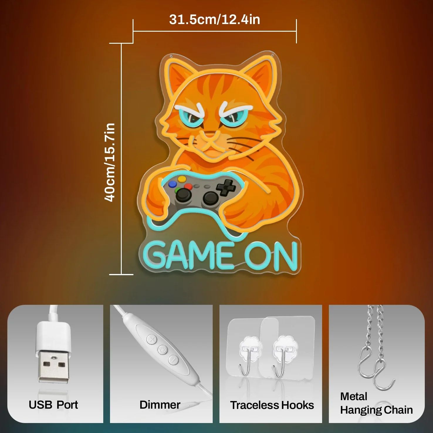 Insegne luminose del gatto, GAME ON Insegna al neon, Gatto con controller Insegne al neon a LED per sala giochi, Lampada da parete al neon USB per giocatori, regalo di gioco per giocatori