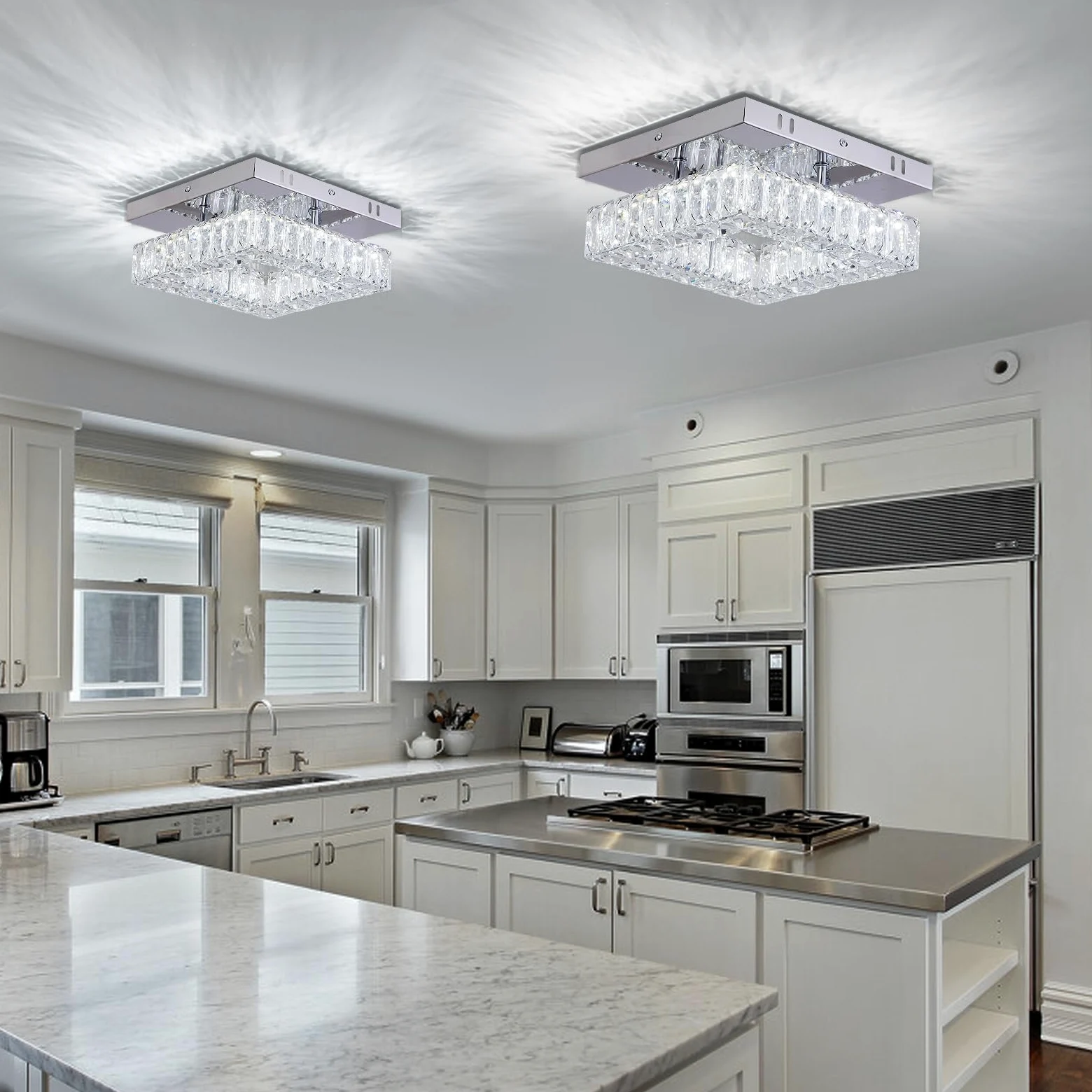 Lampadari moderni cristallo Mini lampadari moderni di cristallo quadrato Flush Mount plafoniera LED lampadario per corridoio cucina Foyer sala da pranzo, Dia 9,8 ", 18 W 6000K