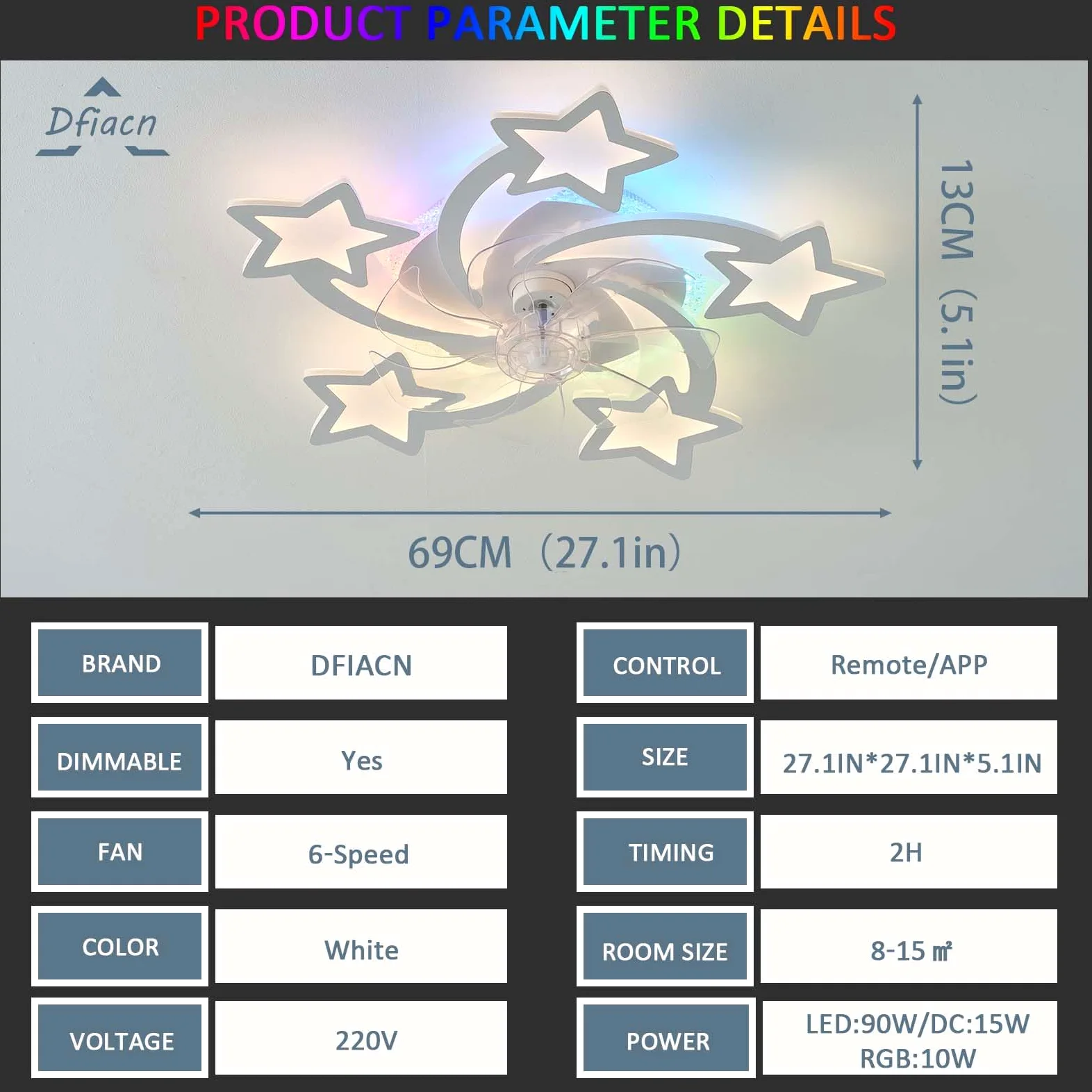 RGB Lampadario Con Ventilatore Da Soffitto Con Telecomando APP, Bambino Cameretta Lampadario Ventilatore Reversibile 6 Velocità Dimmerabile Ventola Soffitto Con Luce Memoria Silenzioso Bianco