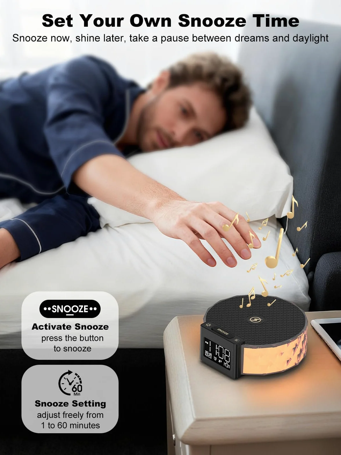 Smiling Shark Lampada Sveglia, Intelligente Sveglia Luce Ricarica Wireless con Timer Snooze Controllo Touch 3 Luminosità e Effetto RGB Wake Up Light Alarm Clock Charger per Comodino