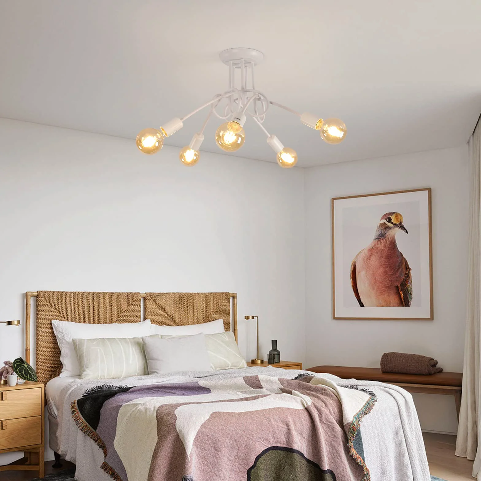 Riserva Lampadario Vintage, Plafoniera Soffitto Industriale E27, 5 Luci Lampada da Soffitto in Metallo per Soggiorno, Cucina, Camera da Letto, Ristorante, Cafe, Bianco (senza lampadine)