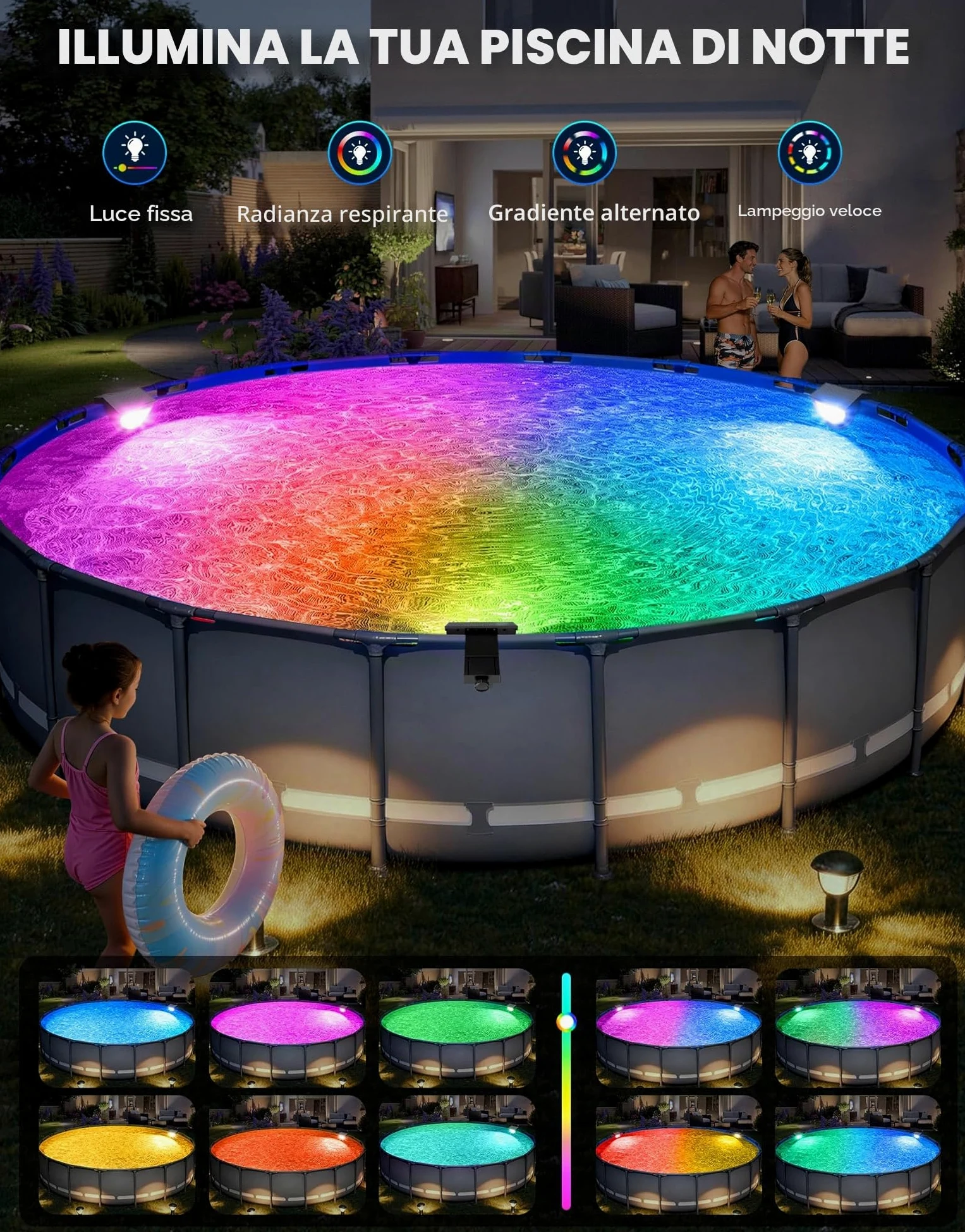 DeeprBetter 2026 Aggiornato Luci Piscina Fuori Terra Solari, Luce Piscina RGB Colori Cambiamento, IP68 Impermeabile Luci LED Piscinas con 10 modalità di Illuminazione, Lampade per Piscinas Giardino