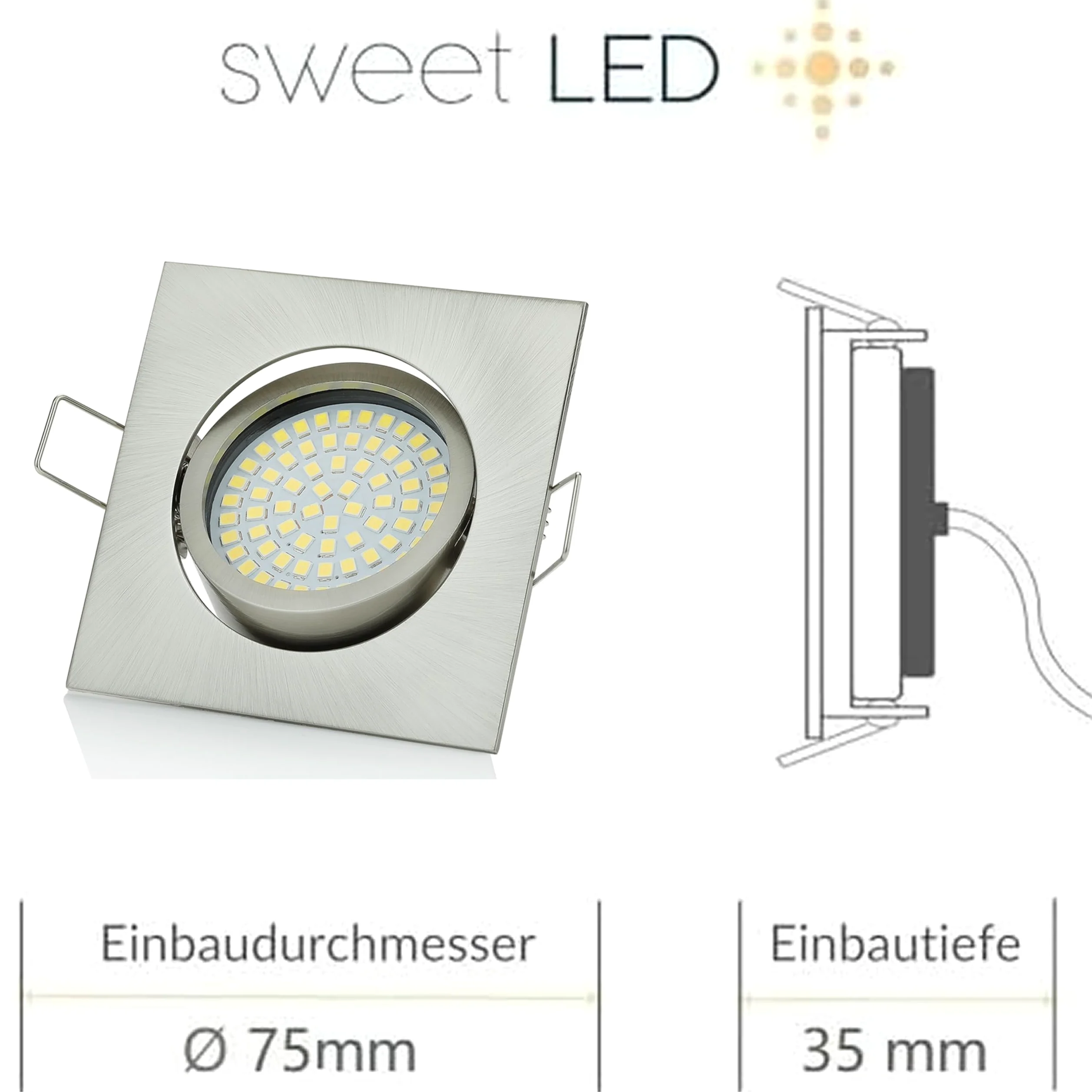 Sweet-led®, set di 6 faretti LED regolabili da incasso, 230 V, 5 W, orientabili, rotondi, cromo spazzolato, 400 lumen, 3000 K, a luce bianca calda moderno Eckig, Chrom Gebürstet, Kaltweiß
