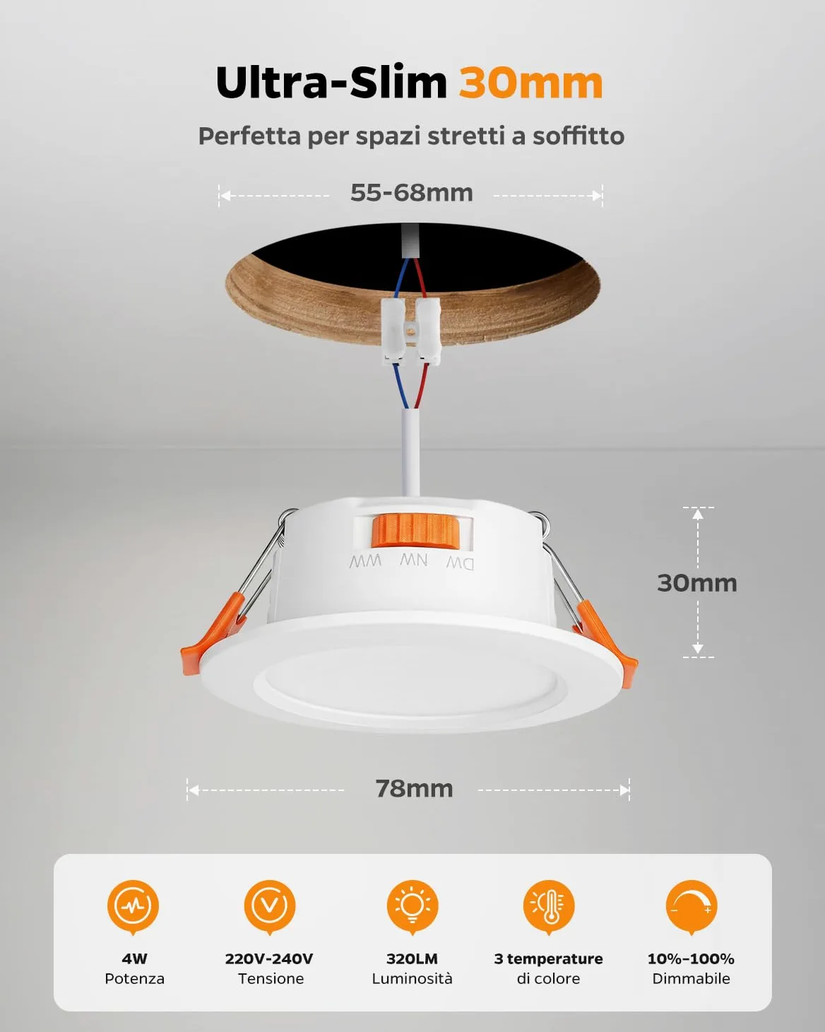 Sanyoung Faretti da Incasso per Cartongesso Dimmerabile 4W, Set di 20 | Foro 55-68mm, Luce Caldo Luce Naturale Luce Freddo, 320LM, Impermeabile IP44, Faretto LED 220V per Bagno