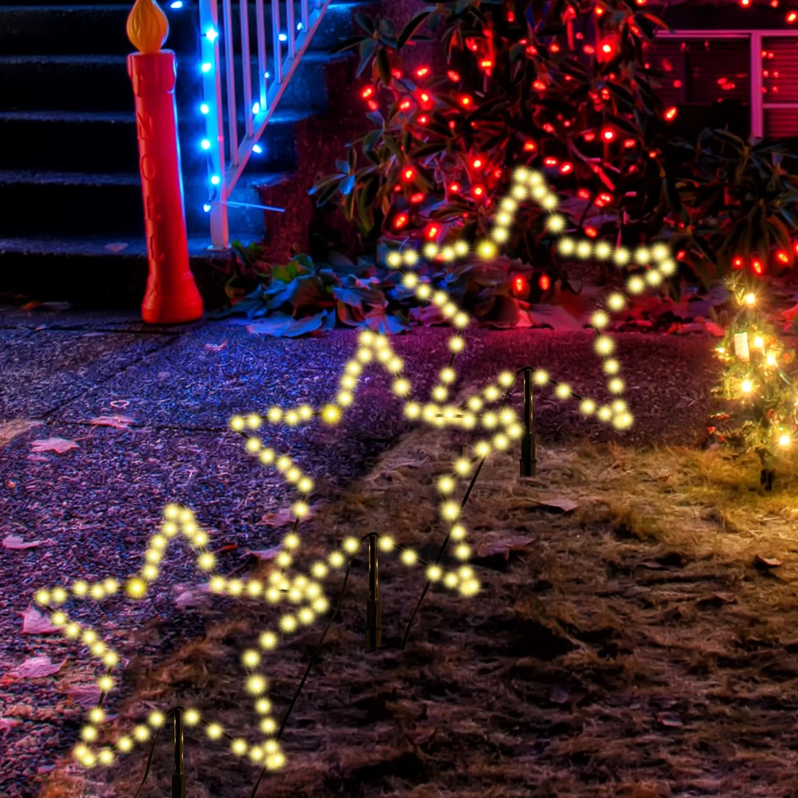 SALCAR 2 m di illuminazione natalizia per esterni, 3 stelle 45 cm, 150 LED, decorazione natalizia, giardino, illuminazione esterna con picchetto, stelle nere, bianco caldo