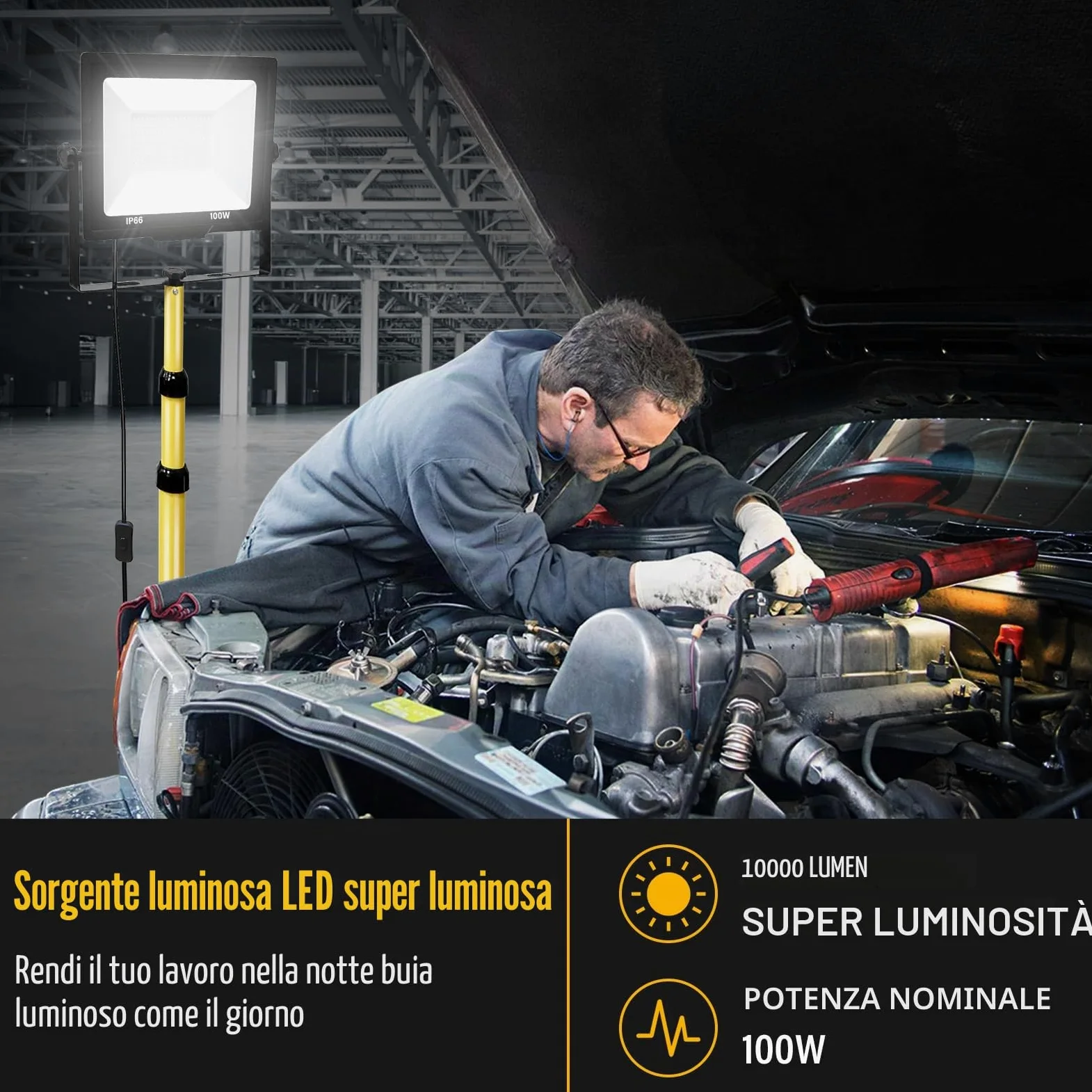 Willpower Treppiede Faretto da Cantiere 100W Faro da Lavoro LED Esterno | Faro LED 10,000LM, Con Spina, 6000K Bianco, Impermeabile IP65, Proiettore LED per Interni Officina Garage Industriale