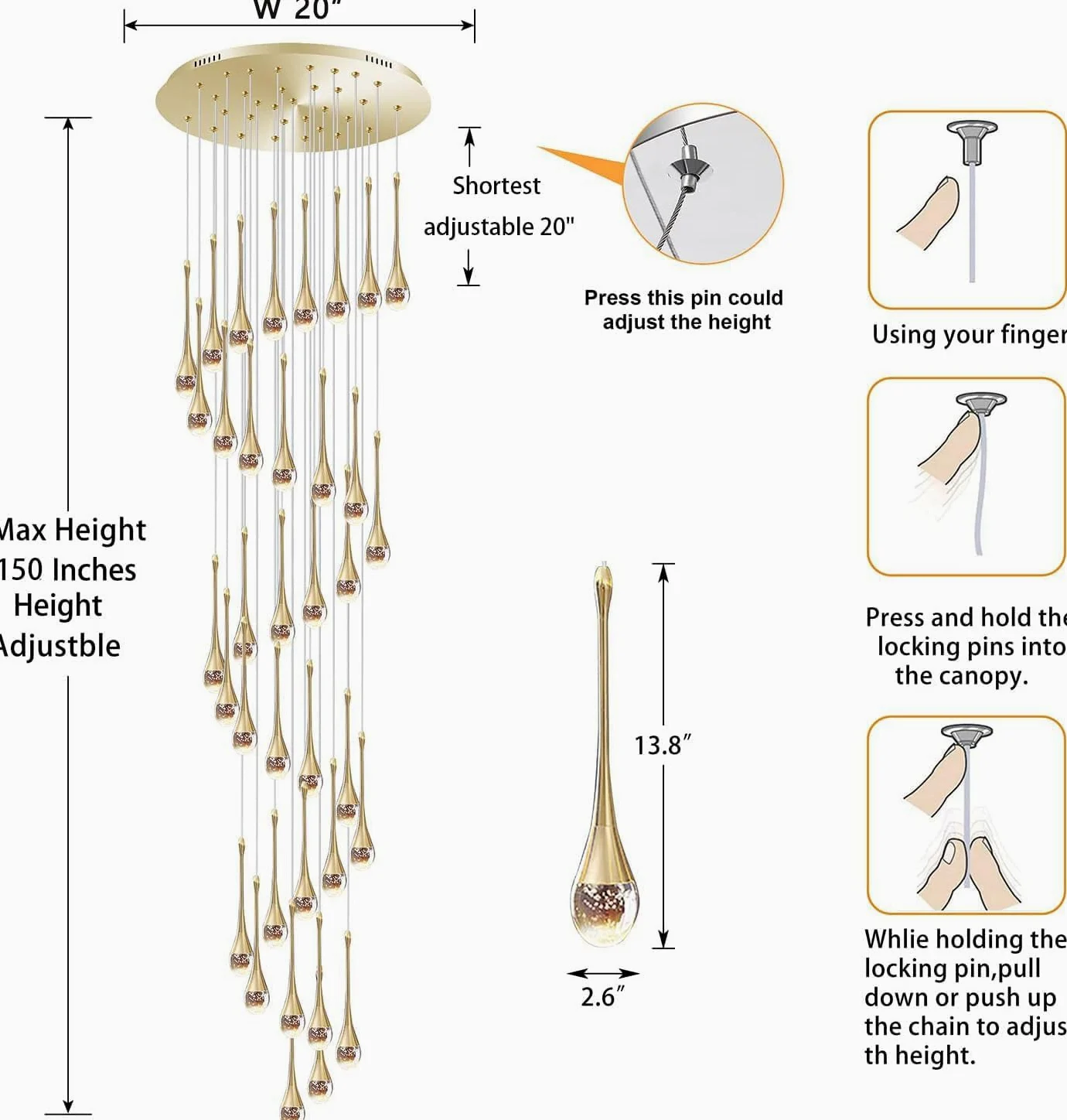 Lampadario Soggiorno Moderno Dimmerabile A Soffitto Led Lampadari Dorato Lampadario Di Cristallo A Goccia Di Pioggia Per Ingresso Corridoio Villa,Oro Lampada A Sospensione Orientabile A 26 Luci