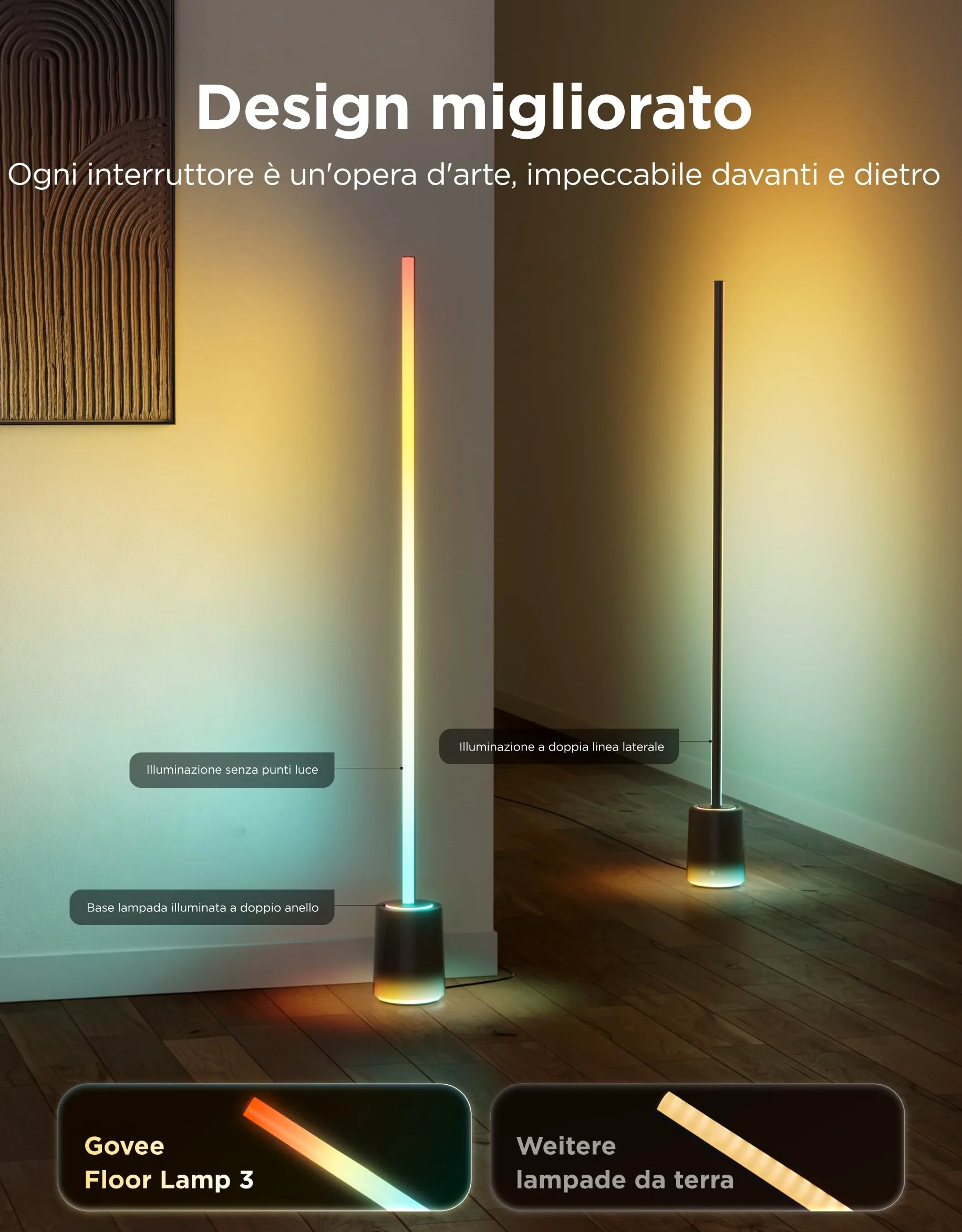 Govee Lampada da Terra 3 RGBIC, Luci LED Compatibile con Alexa e Matter, 152cm Dimmerabile 2100lm con Telecomando e APP, 100 Modalità, Lampada per Comodino, Camera da Letto e Salotto, Nero
