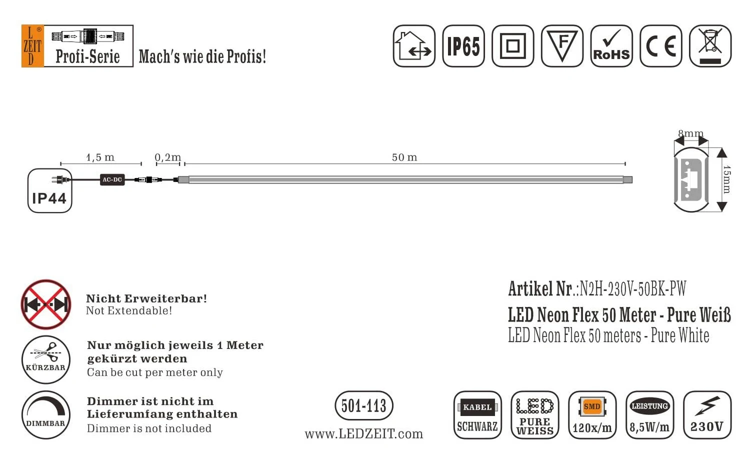 Profi Serie- LED neon flex Striscia di luce 50m esterno e interno, bianco freddo 6500K, dimmerabile, 220V-240V, strip, impermeabile, flessibile. per edifici, negozi, progetti, decorazione