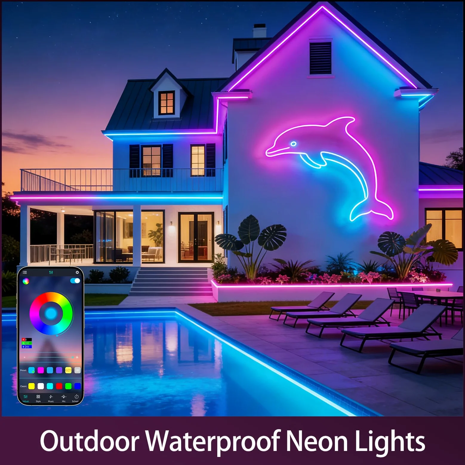 Striscia LED neon RGB da 20 m, 24 V IP65 con telecomando/APP, sincronizzazione musicale, modalità multiple, nastro LED flessibile per decorazioni esterne della camera da letto(10 m x 2)