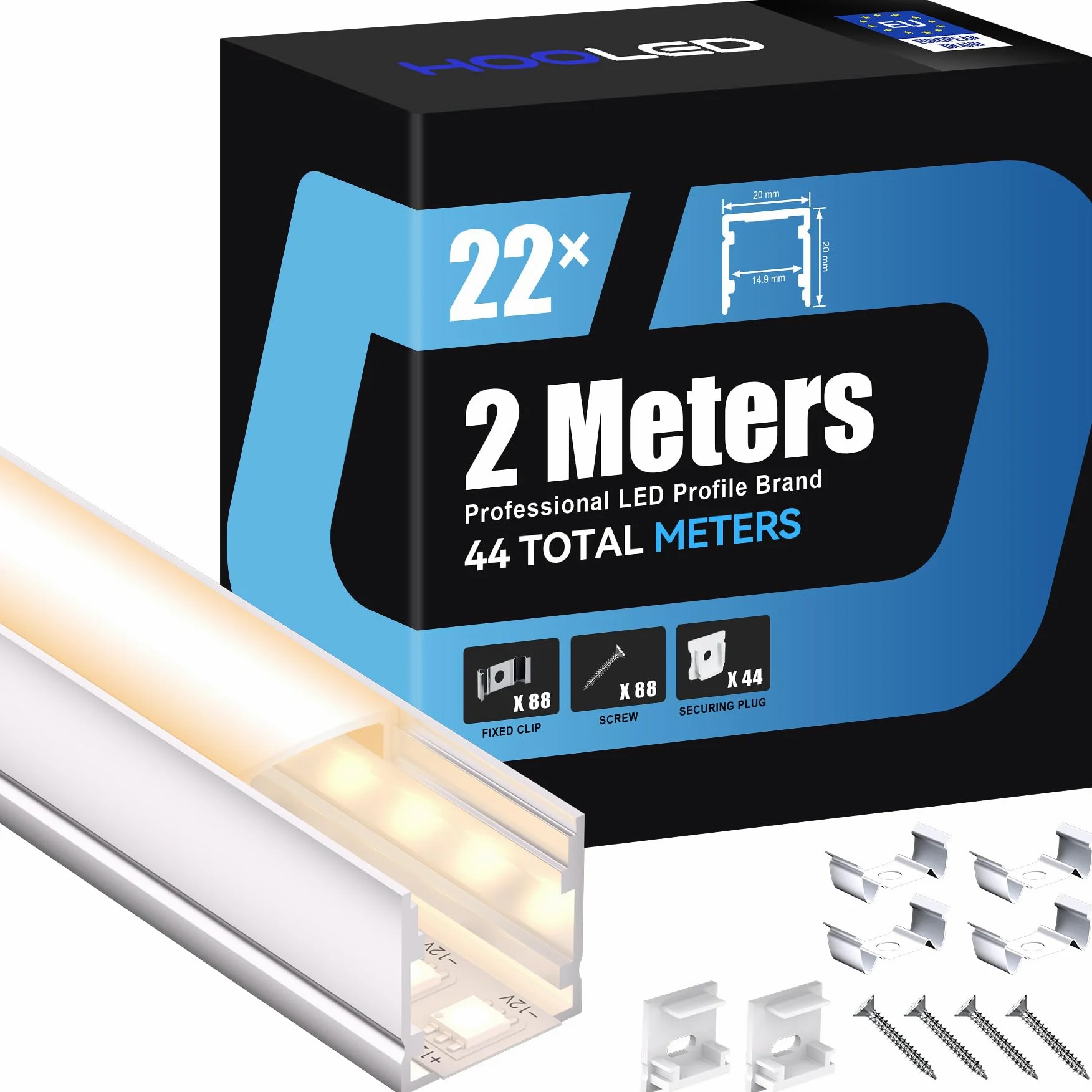 22 profili in alluminio per nastro LED 2 metri La guida del diffusore di luce, profilo LED incassato, dimensioni 20 x 20 mm, larghezza massima banda 15 mm, con coperchio in PC bianco