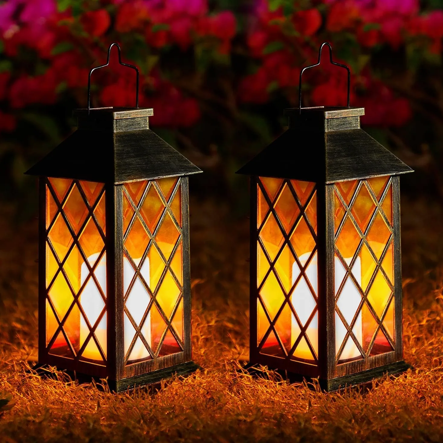 Lampada Solare Giardino Esterno 2 Pezzi – Lanterne Marocchine con Effetto Fiamma, Luce Calda LED, Accensione Automatica, Impermeabile IP44 per Decorazione Terrazzo, Percorsi e Natale