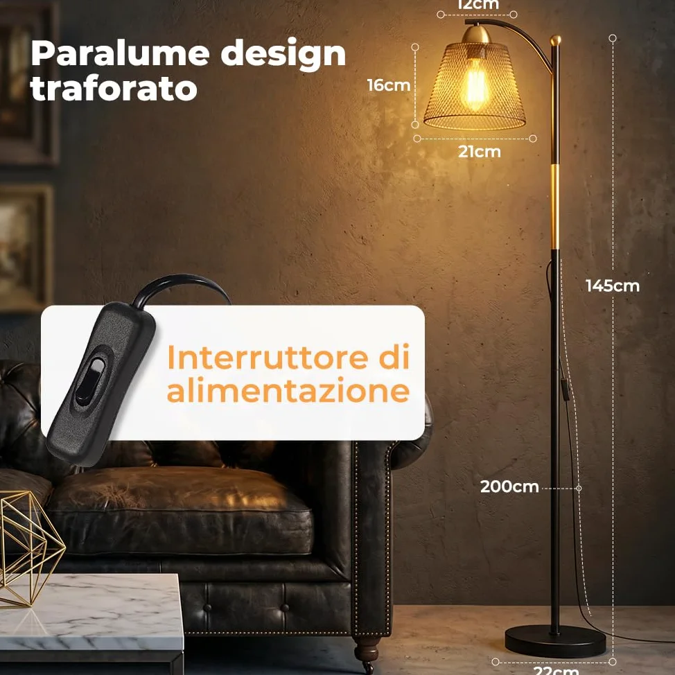 OUSFOT Lampada da Terra E27 Portalampada 230V, Industriale Piantana 40W, Nero e Oro, Adatto per Uffici, Soggiorni e Camere da Letto (Senza lampadina)