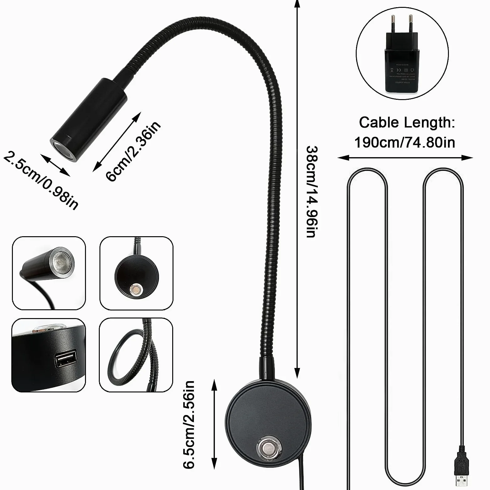 2 pezzi 3W Applique da Parete interno, Lampada da Lettura Muro Dimmerabile Touch con Porta di Ricarica USB, 3000K-6000K LED Luce da Letto Flessibile a Collo di Cigno Illuminazione Comodino, Nero