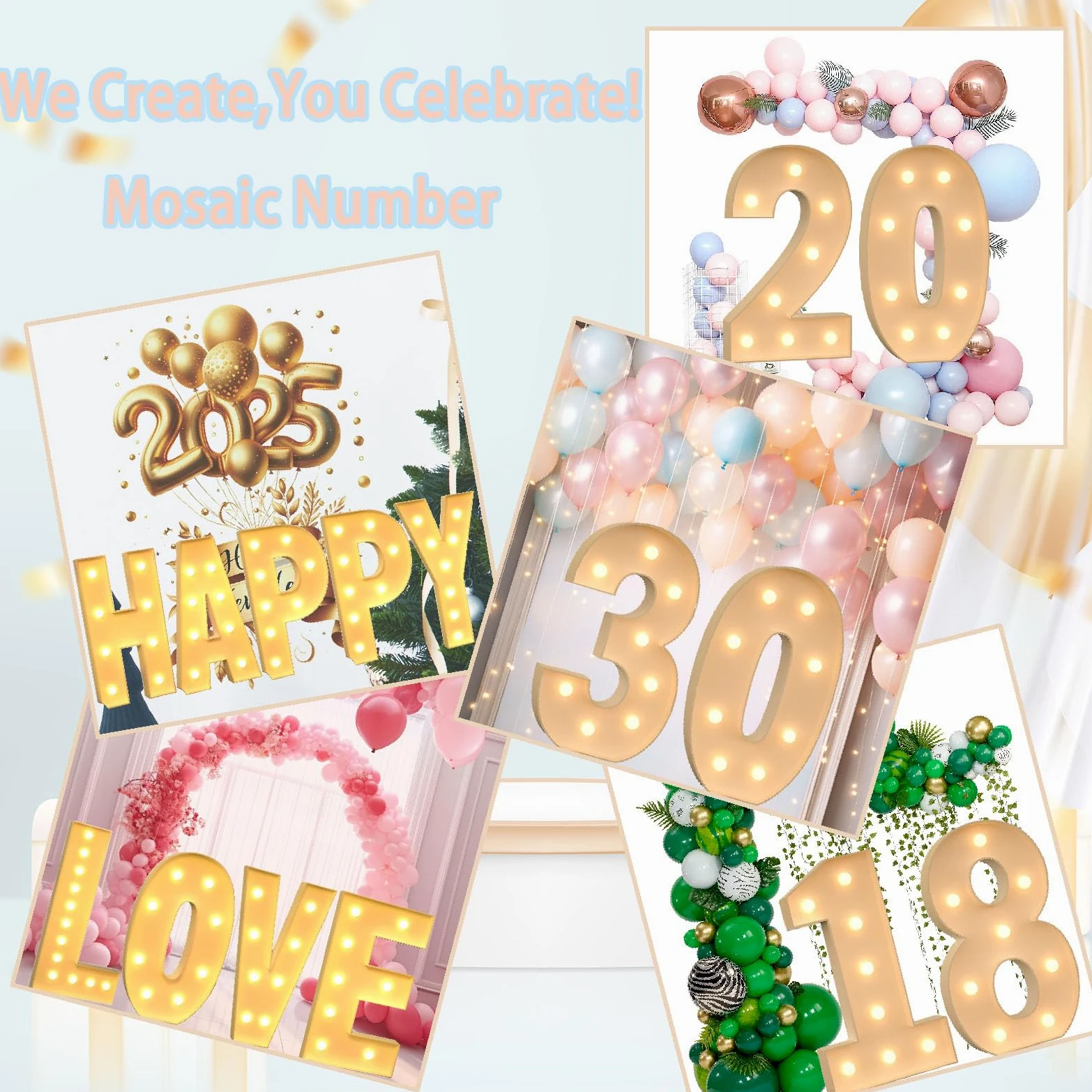 Marquee - Lettere luminose con luci a mosaico 2025, altezza 1,2 m, decorazione per la casa