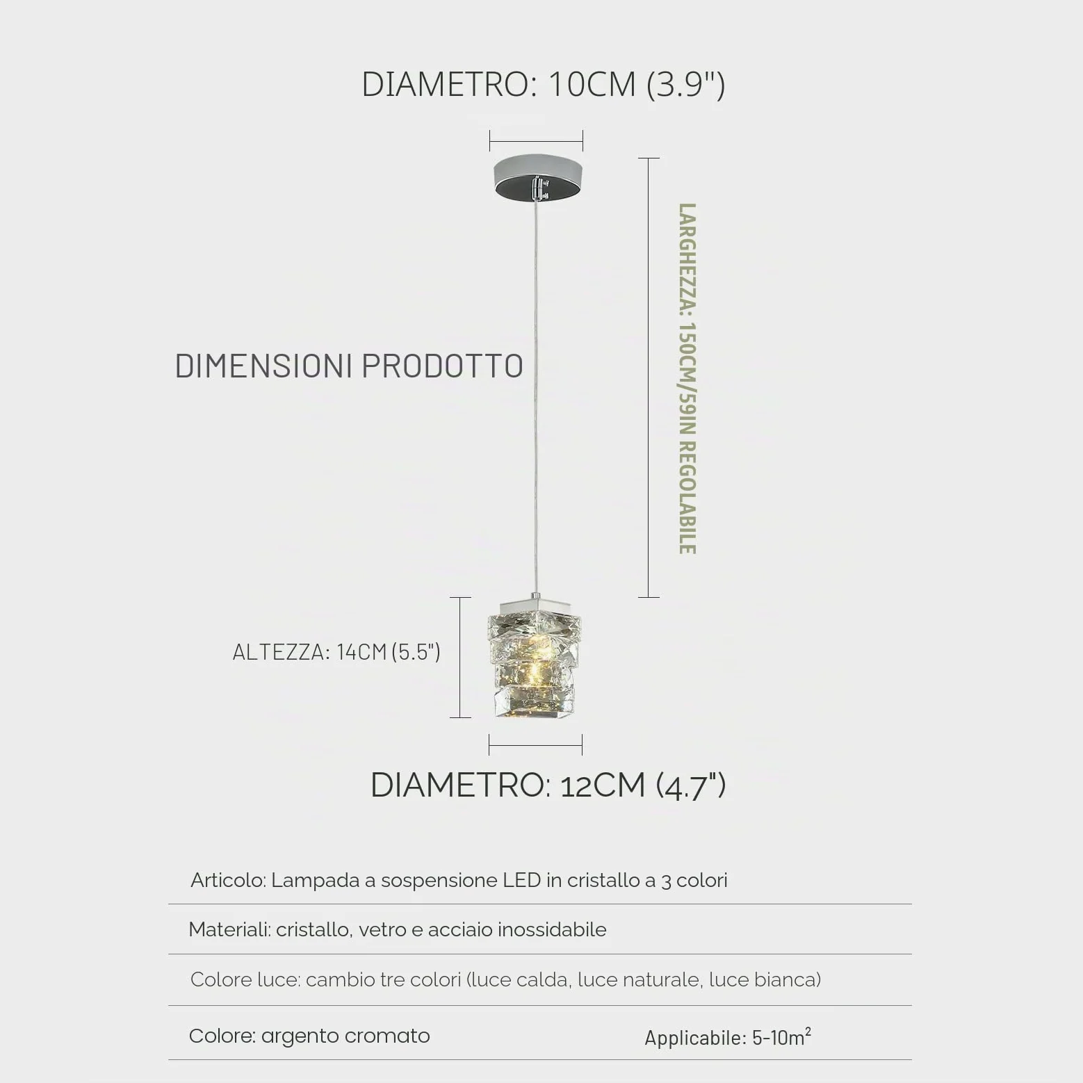 Moderna Lampada A Sospensione In Cristallo, 3 Colori Lampada A Sospensione A LED, Altezza Regolabile, Per Camera Da Letto Isola Della Cucina Sala Da Pranzo Corridoio (Argento)