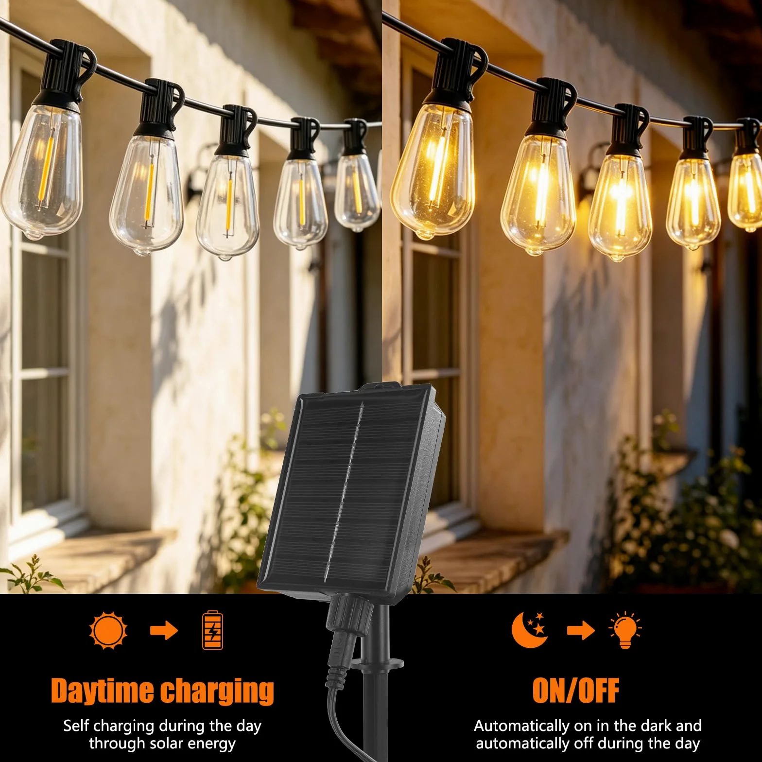 DGE Luci solari a festone per esterni, 25 m, impermeabili, con 8 modalità e 30 + 3 lampadine ST38, infrangibili, IP65, impermeabili, per esterni, gazebo, cortile, balcone, feste