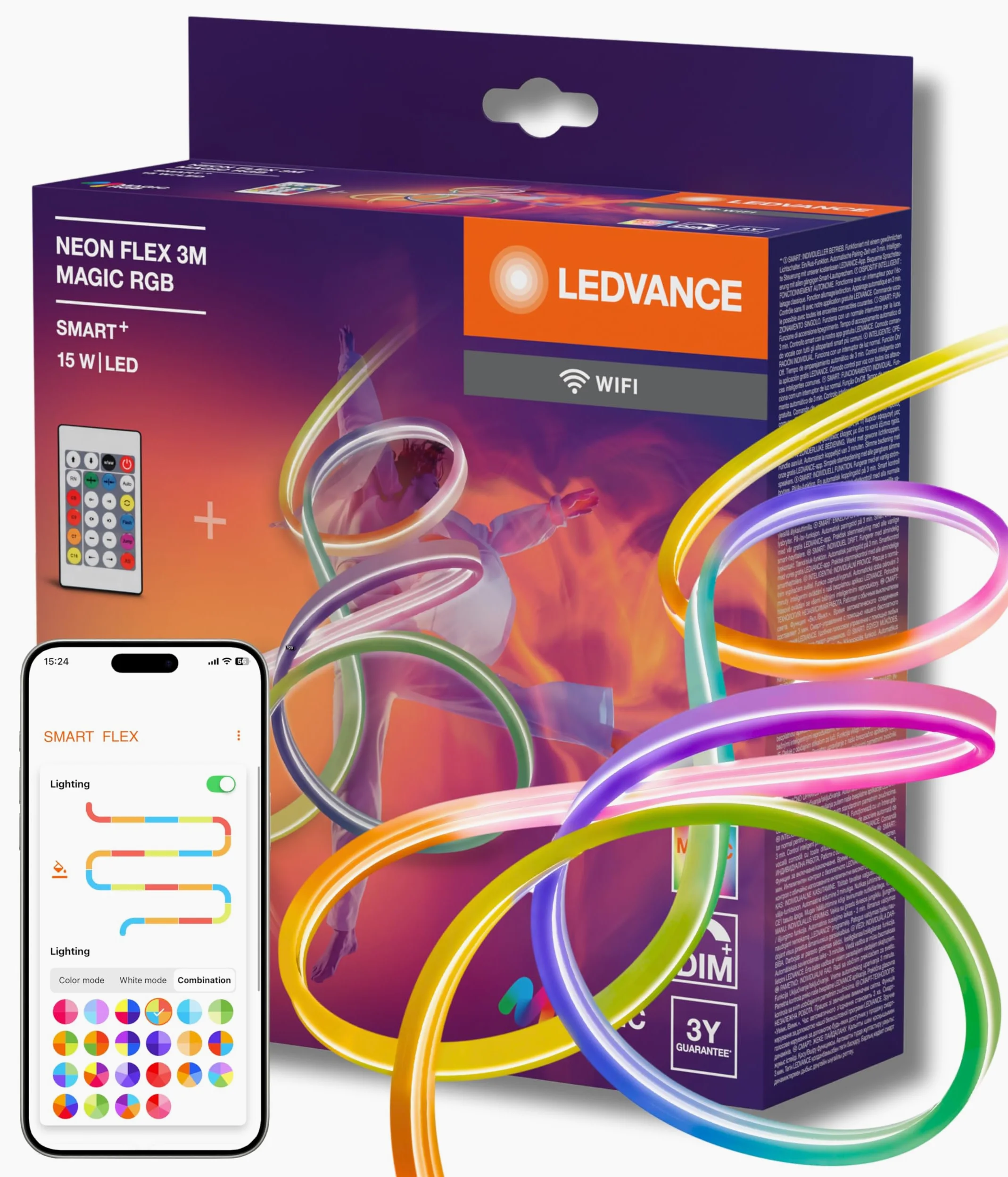 LEDVANCE SMART WIFI NEON FLEX MGC RGB RC strisce LED colorate per uso esterno con tecnologia WiFi e distribuzione omogenea della luce; dimmerabile; bianco; silicone; 3 m; lampadina non sostituibile