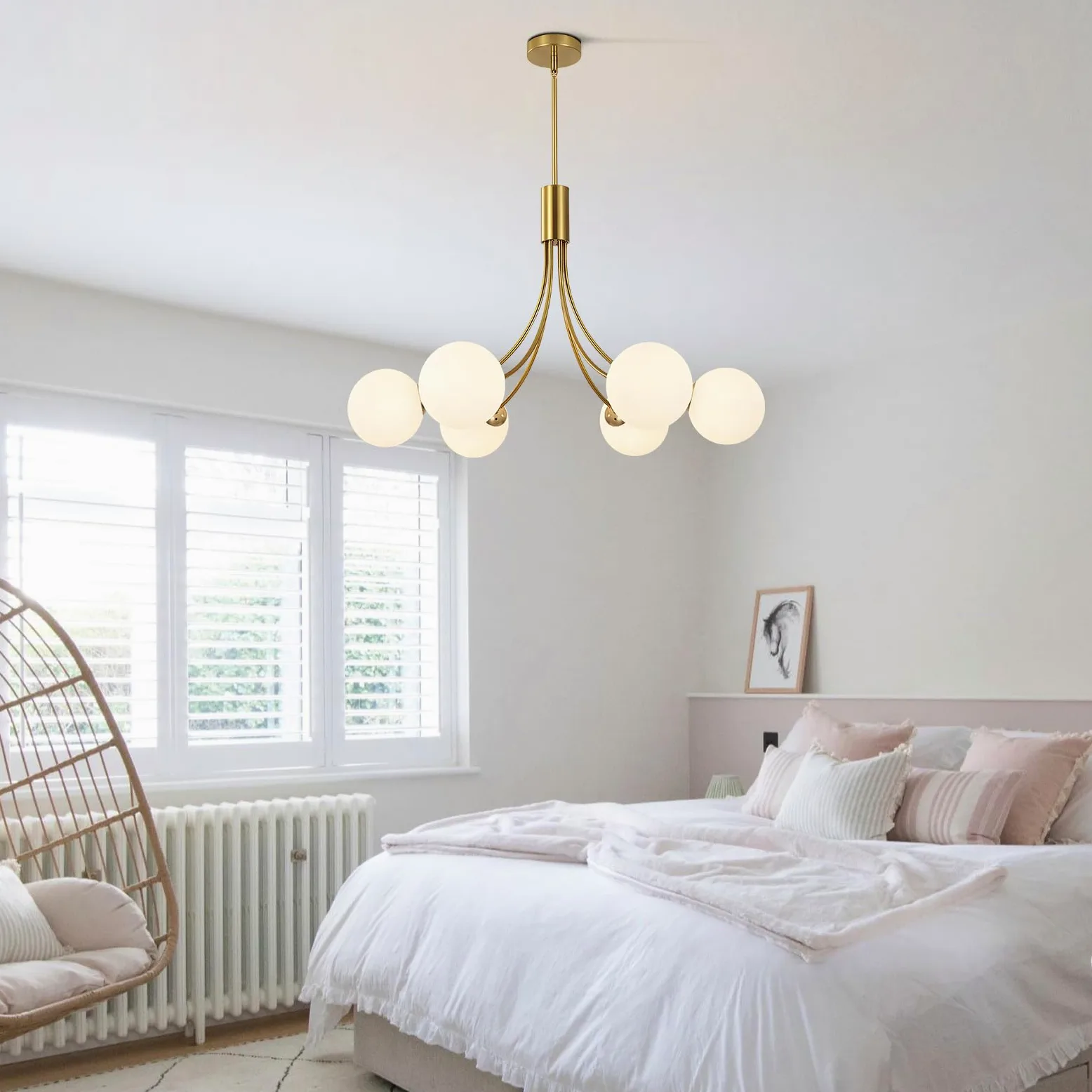KCO Lighting Lampadario Sputnik Moderno 6 luci,Lampadario Oro Con Sfere Bianche per Sala da Pranzo, Isola Cucina, Soggiorno,Camera da Letto
