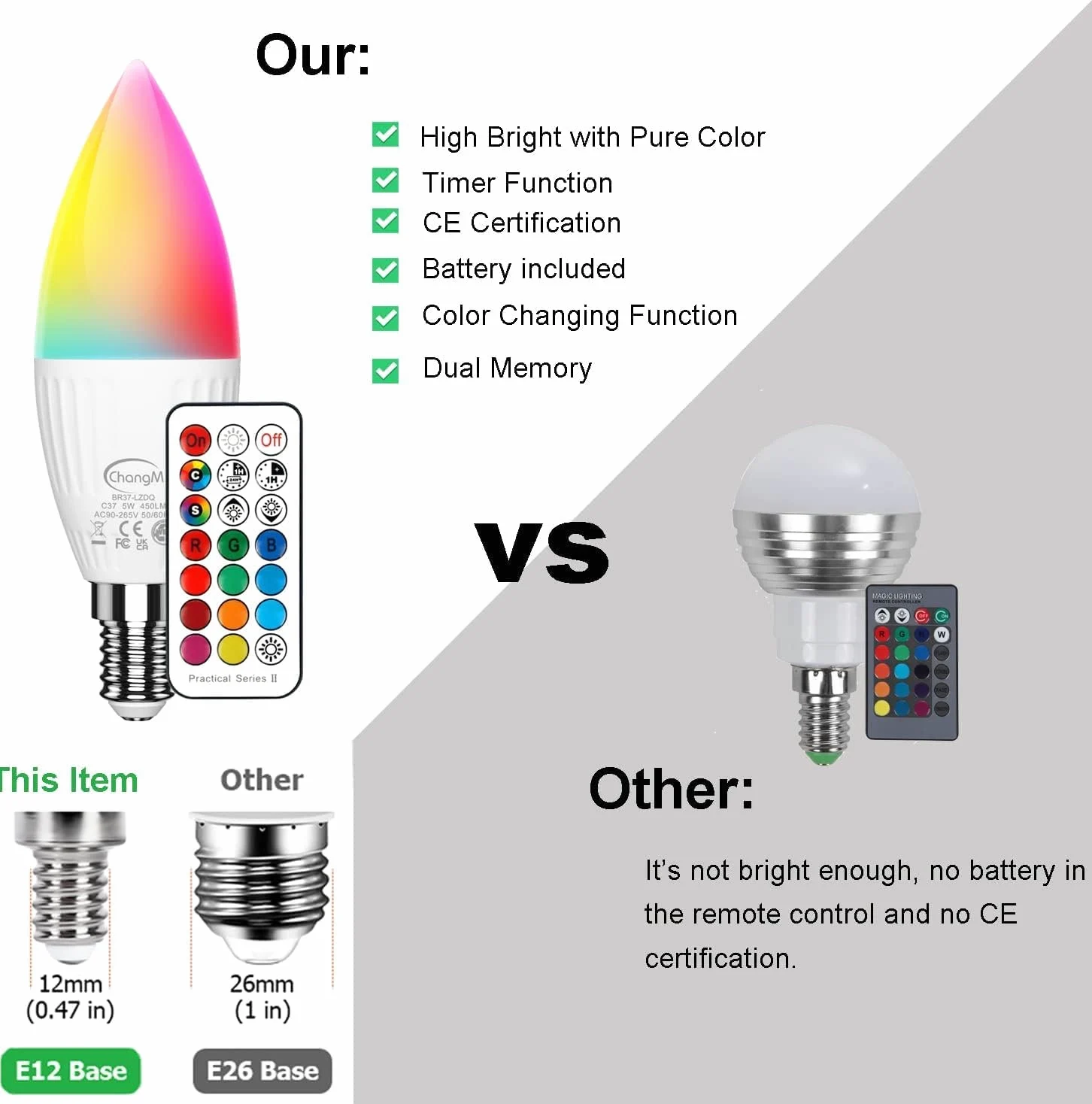 ChangM Lampadina LED Cambia Colore, Lampadina a Candela, RGB Dimmerabile E14 Candela Led con Telecomando, 5W (sostituisce 40W) Bianco Freddo 5700K, Confezione da 10