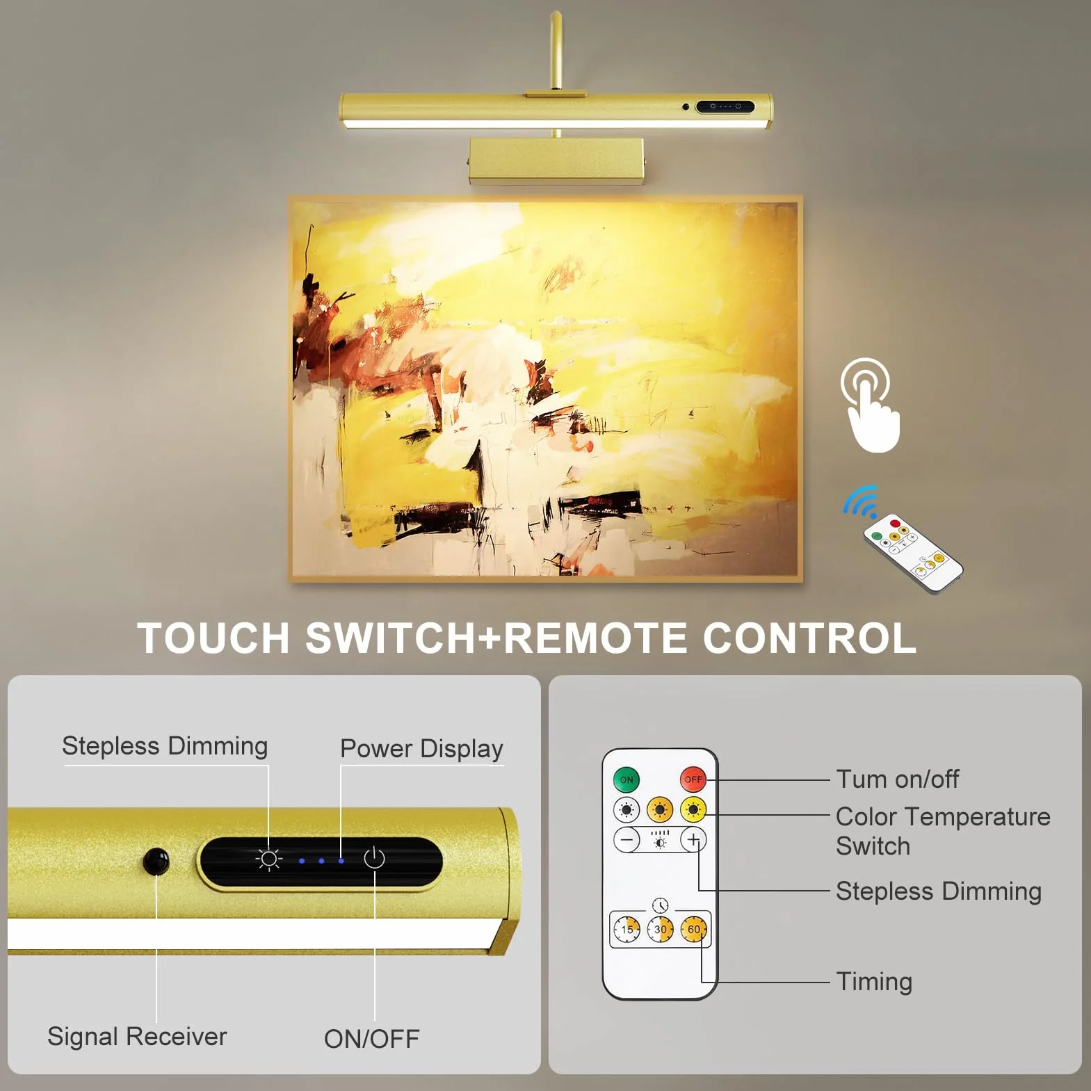 HARPER LIVING Lampada da parete ricaricabile senza fili per quadri, lampada da parete a batteria con telecomando, regolabile a 180° applique a LED per quadri, freccette, gallerie d'arte - Oro