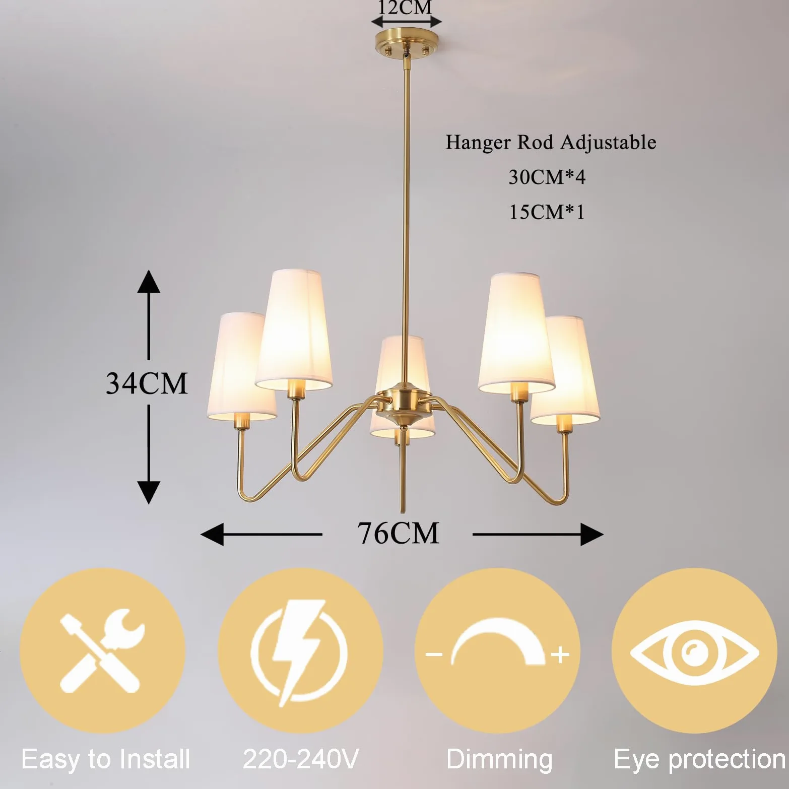 Lampadario Camera Da Letto 5 Luci Oro 76Cm E14 Classic Lineare 160W a Sospensione Con Paralume Bianca Di Lino Per Soggiorno, Cameretta, Cucina
