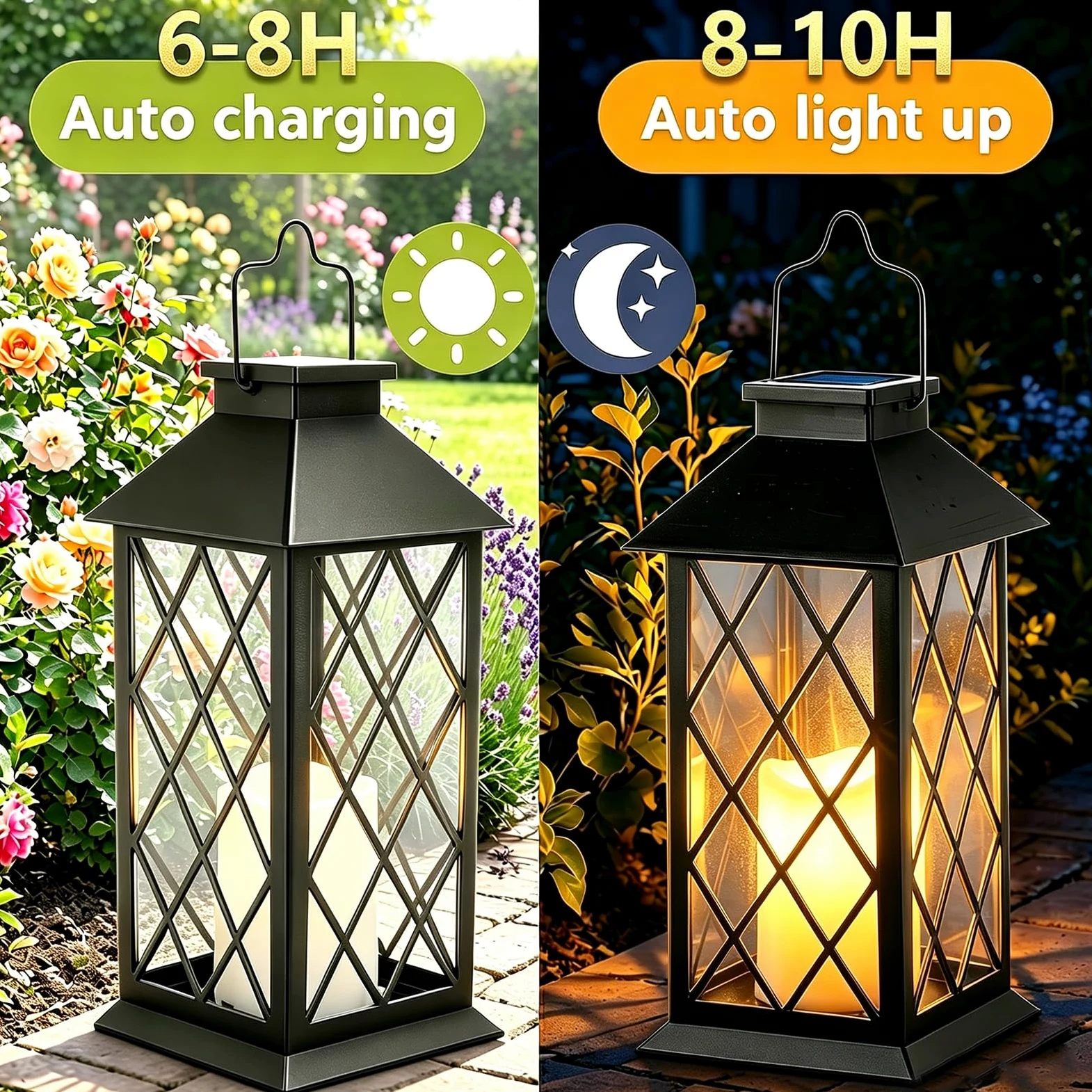 Yowin Lanterne da Esterno 2 Pezzi 22cm Grande Lanterna Solare da Giardino con Candele Tremolante, Vetro Temperato, Lampada Solari da Appendere Impermeabile Lampade da Tavolo per Balconi - Nero