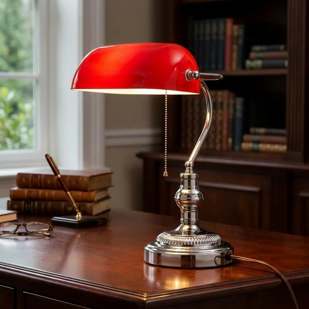 BARCELONA LED Lampada da Tavolo Banker Vintage E27 Paralume in Vetro Rosso Base Cromata Orientabile Luce da Scrivania Classica Stile Industriale Retrò Nordico per Ufficio