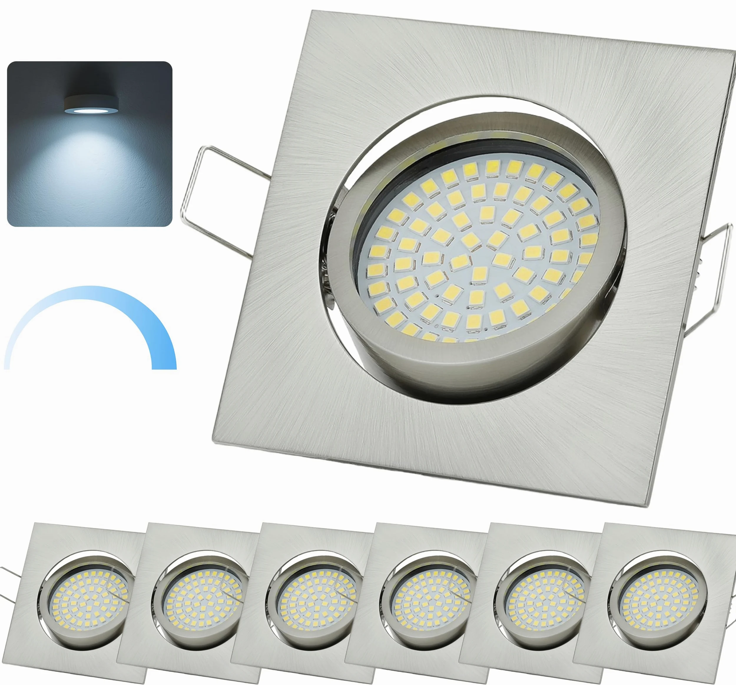 Sweet-led®, set di 6 faretti LED regolabili da incasso, 230 V, 5 W, orientabili, rotondi, cromo spazzolato, 400 lumen, 3000 K, a luce bianca calda moderno Eckig, Chrom Gebürstet, Kaltweiß