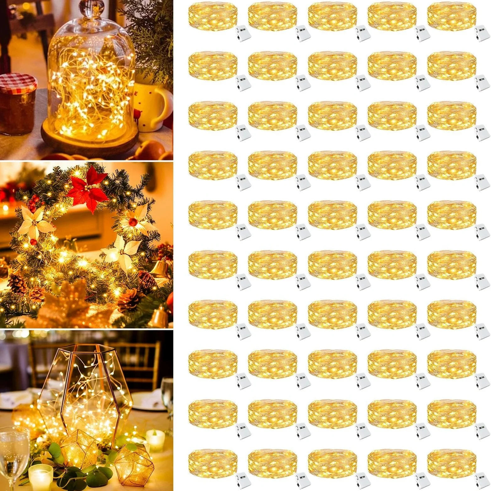 Confezione da 50 luci a batteria, 20 luci a LED scintillanti, 3 modalità, impermeabili, per barattoli, vasi, fai da te, feste, matrimoni, Natale, colore bianco caldo