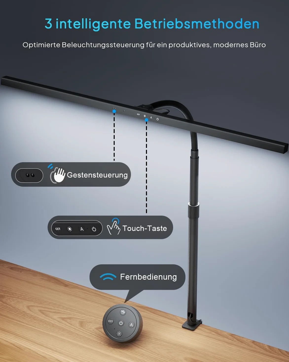 KableRika 24W Lampada da scrivania a LED per ufficio, lampada da scrivania con morsetto, telecomando e sensore gestuale, luce da scrivania di design dimmerabile, lo studio e l'illuminazione di casa