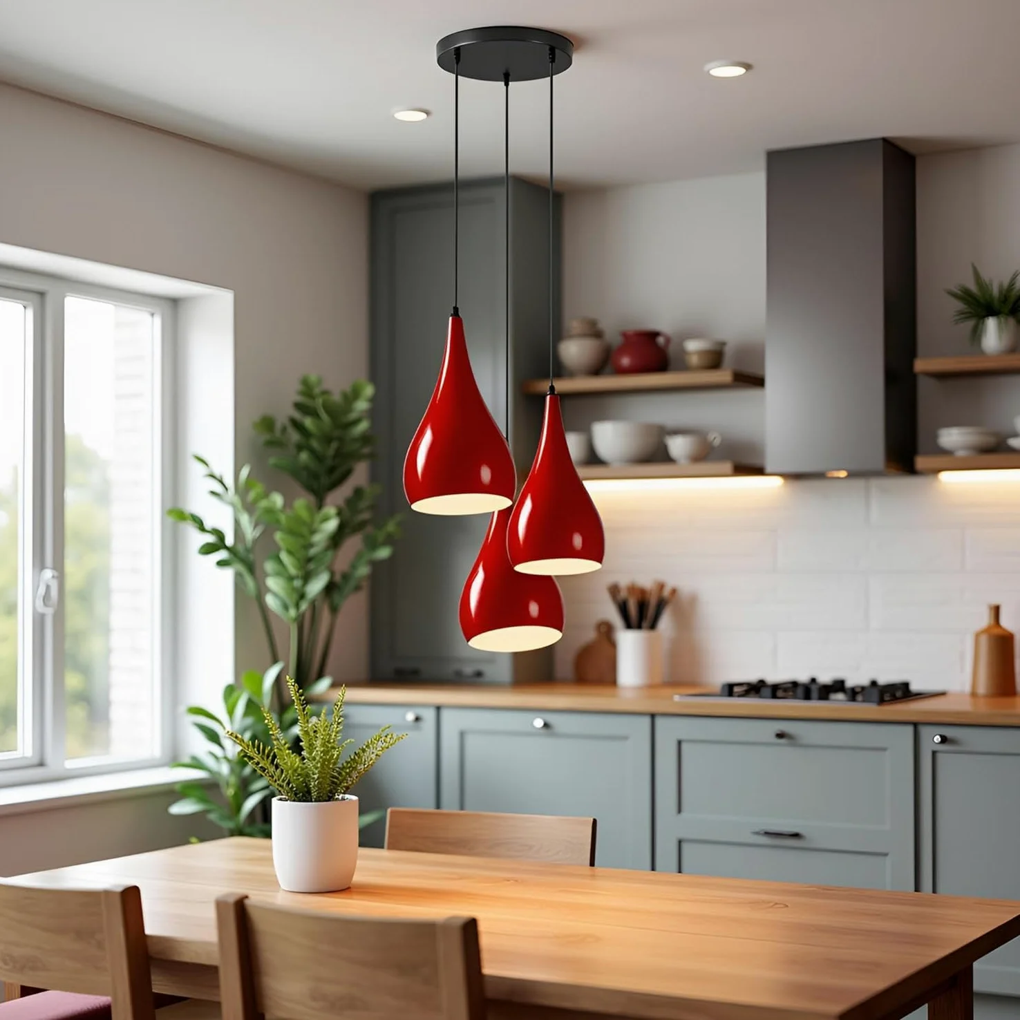 LEDSone Lampadario a sospensione a 3 teste, moderno in metallo a goccia a goccia, lampada a sospensione a grappolo con attacco E27 per soggiorn (Rosso)
