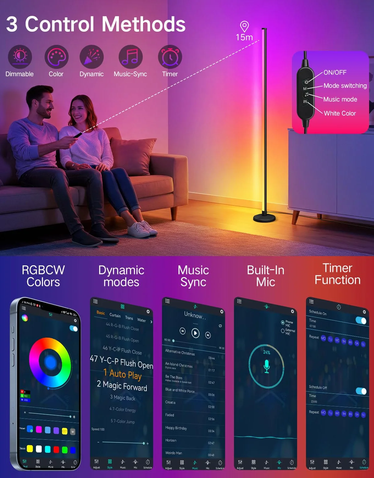 OUTON Lampada da Terra LED 2-Pezzi, RGBIC Dimmerabile Piantana con Telecomando e Controllo APP, 16 Milioni di Colori, Sincronizzazione Musicale, Timer, per Soggiorno, Camera, Giochi