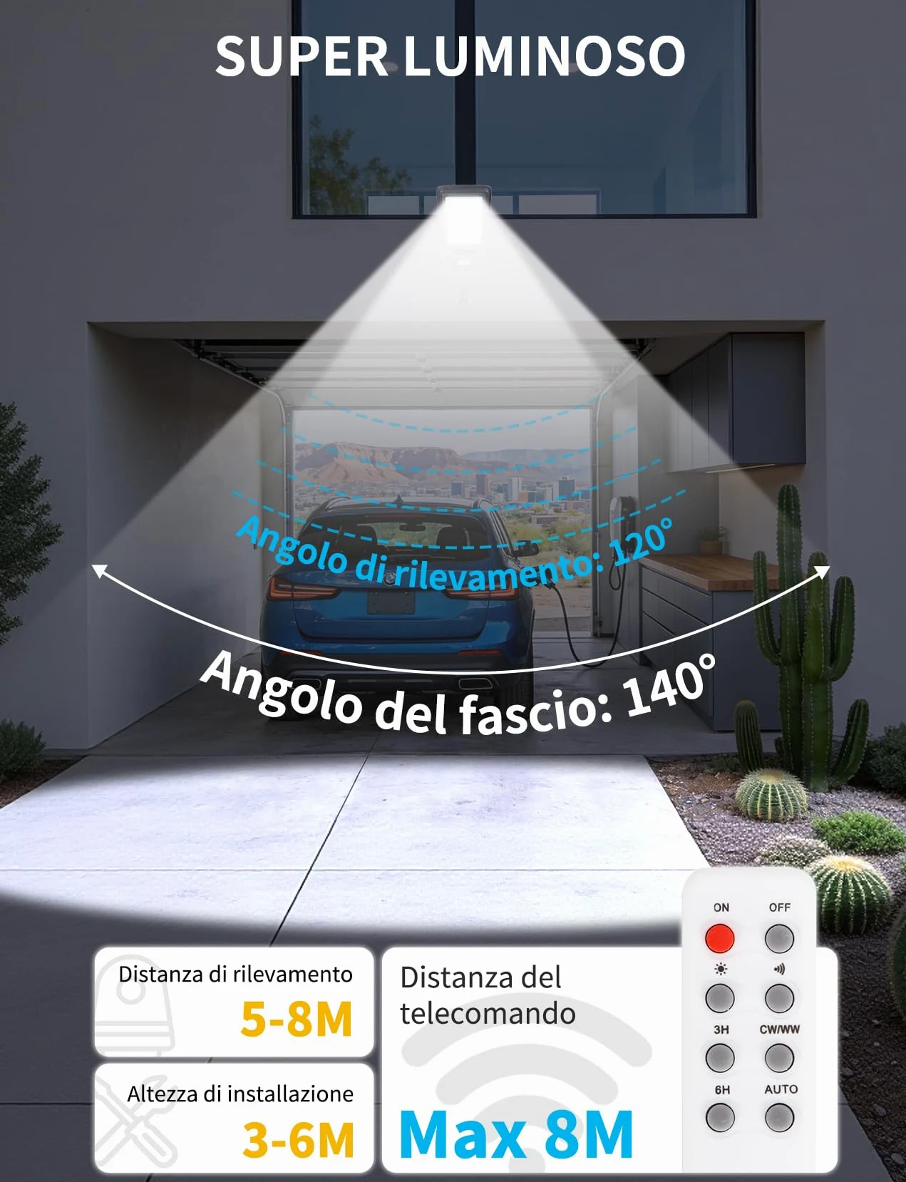 Aigostar 400W Lampione Solare Esterno, Batteria ad alta capacità da 20000 mAh, Regolabili 3000K/4500K/6500K, 4000LM, IP65, Supporto palo non incluso, Lampione LED per Giardino,Ingressi di Garage,2Pz